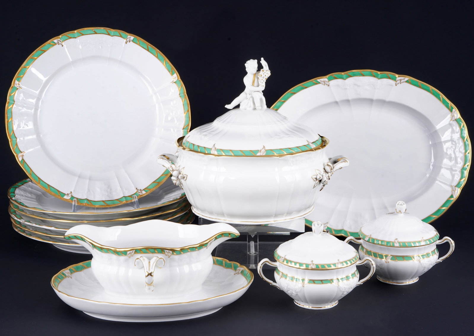 KPM Berlin Queen of Holland dinner service for 6 people - green color variation, (1 of 10)