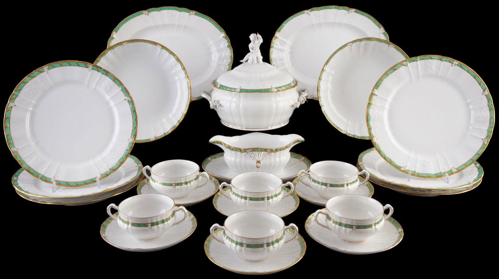KPM Berlin Rocaille Green Ribbon dinner service for 6 persons,: 24-piece porcelain, Royal porcelain Manufactory Berlin, blue scepter mark with green imperial orb, shape Rocaille, decor no. 15 - Green Ribbon, 1x tureen H 21 cm x D 20 cm, 6x dinner plates D 26 cm, 6