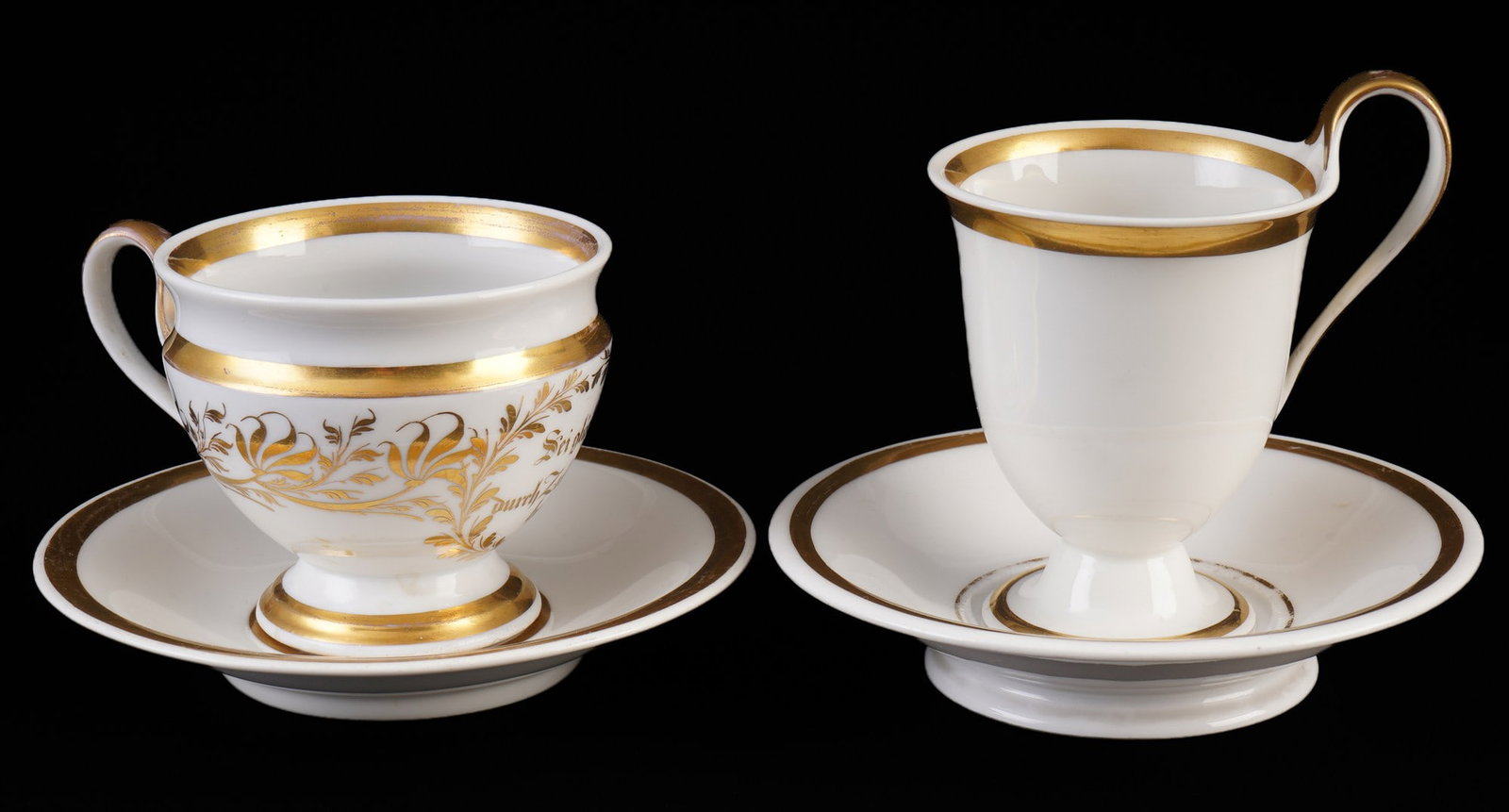 KPM Berlin 2 collectible cups c. 1914?1918,: porcelain, Royal Porcelain Manufactory Berlin, blue scepter mark, some with red orb and blue and black Iron Cross, including with grinding stroke, gold trim, a friendship cup with the dedication "Be h