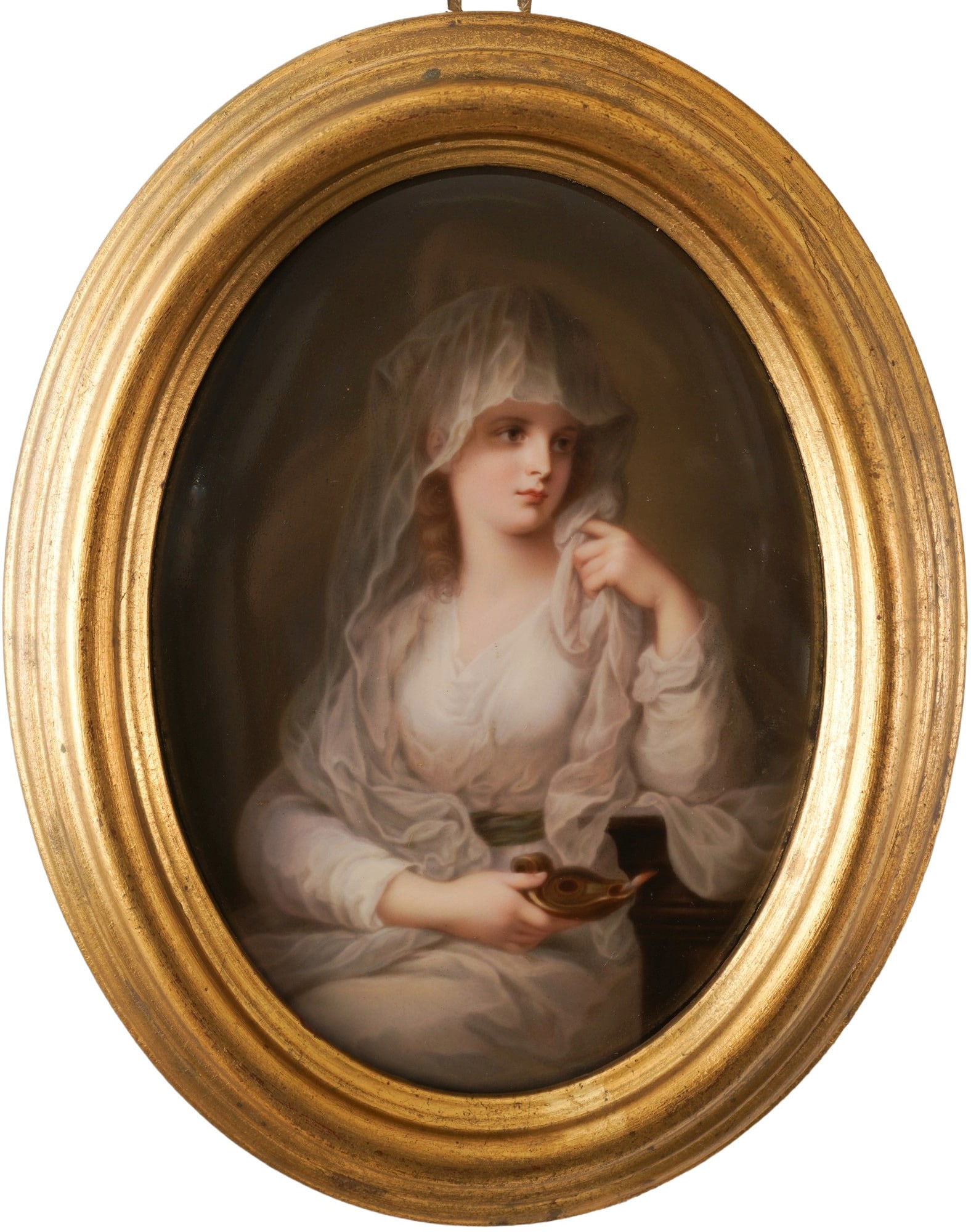 KPM Berlin picture plate portrait of a lady as a Vestal Virgin - after Angelica KAUFFMAN: porcelain, with KPM scepter press mark + number 143, Vestal Virgin with oil lamp after the original painting by Angelica KAUFFMAN (1741-1807), created around 1781/1782, oval plaque H 18 cm x W 13 cm, 