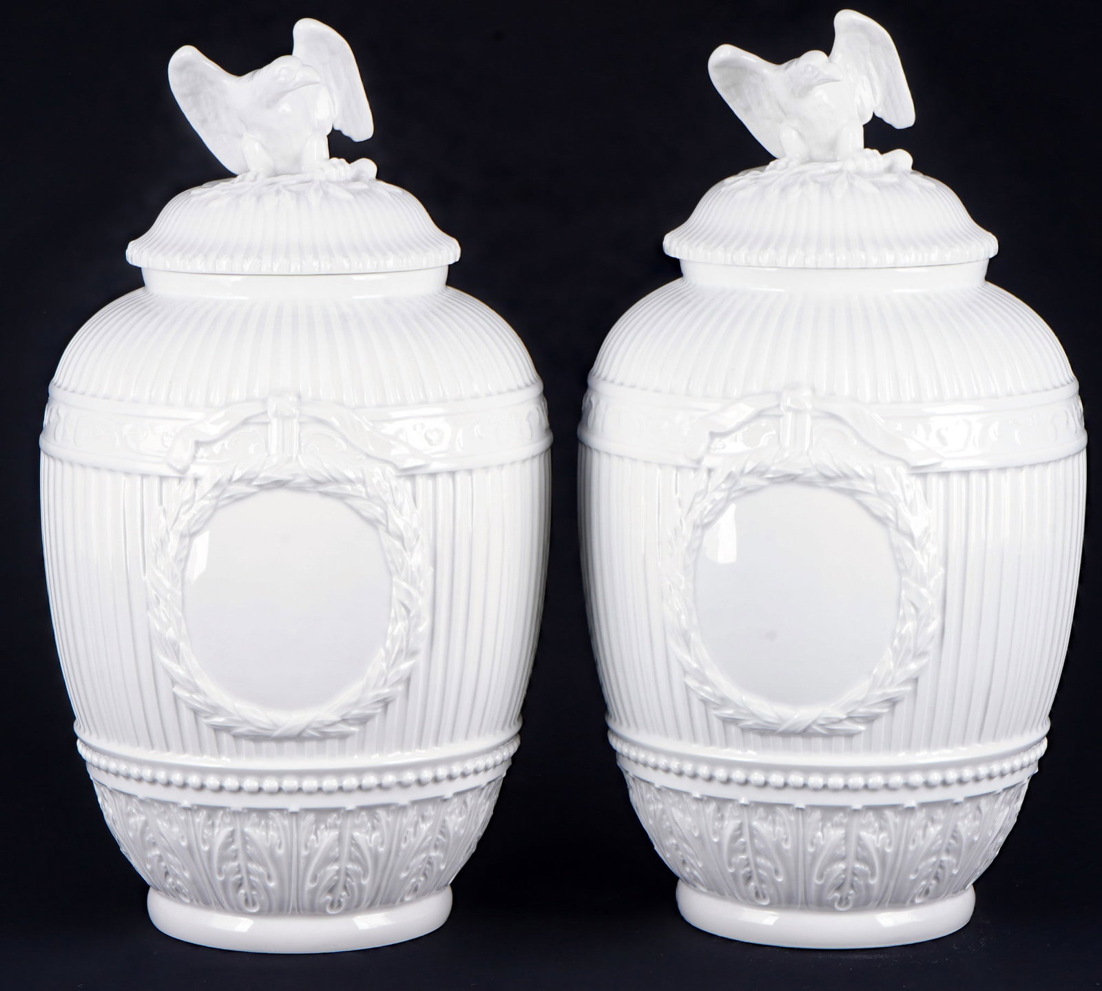 KPM Berlin pair of lidded vases - Friedrich Elias MEYER,: porcelain, Royal porcelain Manufactory Berlin, blue scepter mark with one grinding stroke, design by Friedrich Elias MEYER (1723-1785), vases with ribbed walls, central medallion and acanthus leaf fri