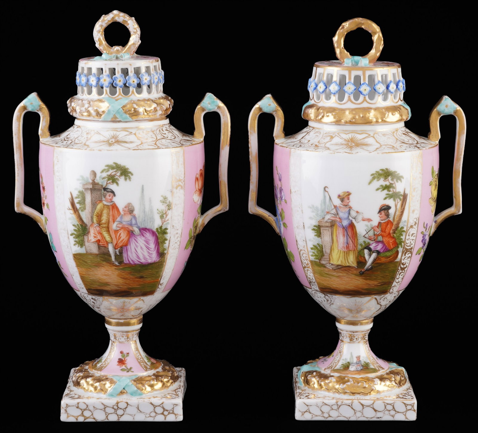 Dresden pair of potpourri vases with Watteau paintings, (1 of 7)