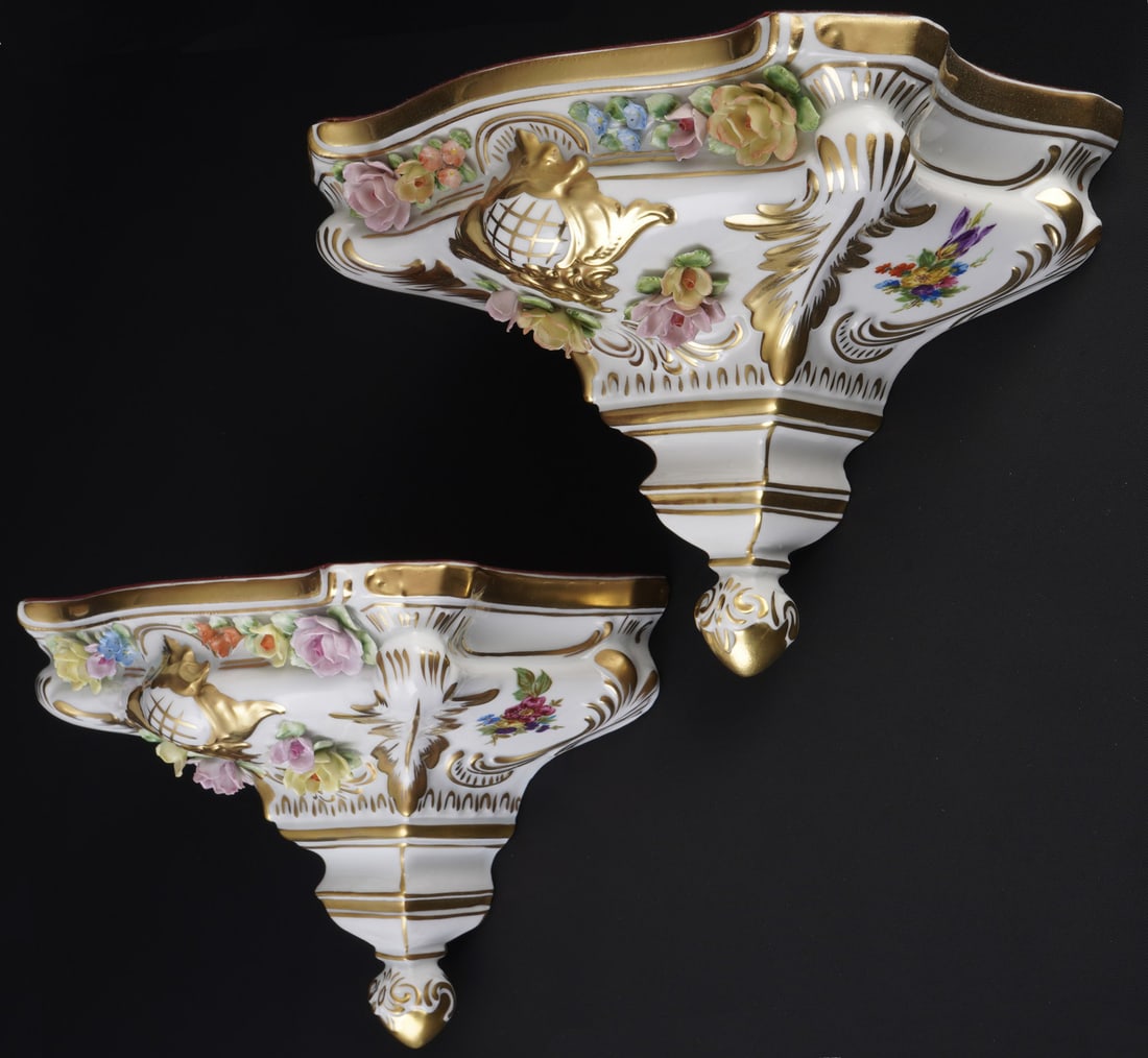 Dresden Sandizell Hoeffner Flower Bouquet pair wall consoles with applied flowers,: porcelain, blue company mark, decor Flower Bouquet, applied blossoms and rich gold trim, 2x H 18 cm x W 22.5 cm x D 14.5 cm, chips on blossoms