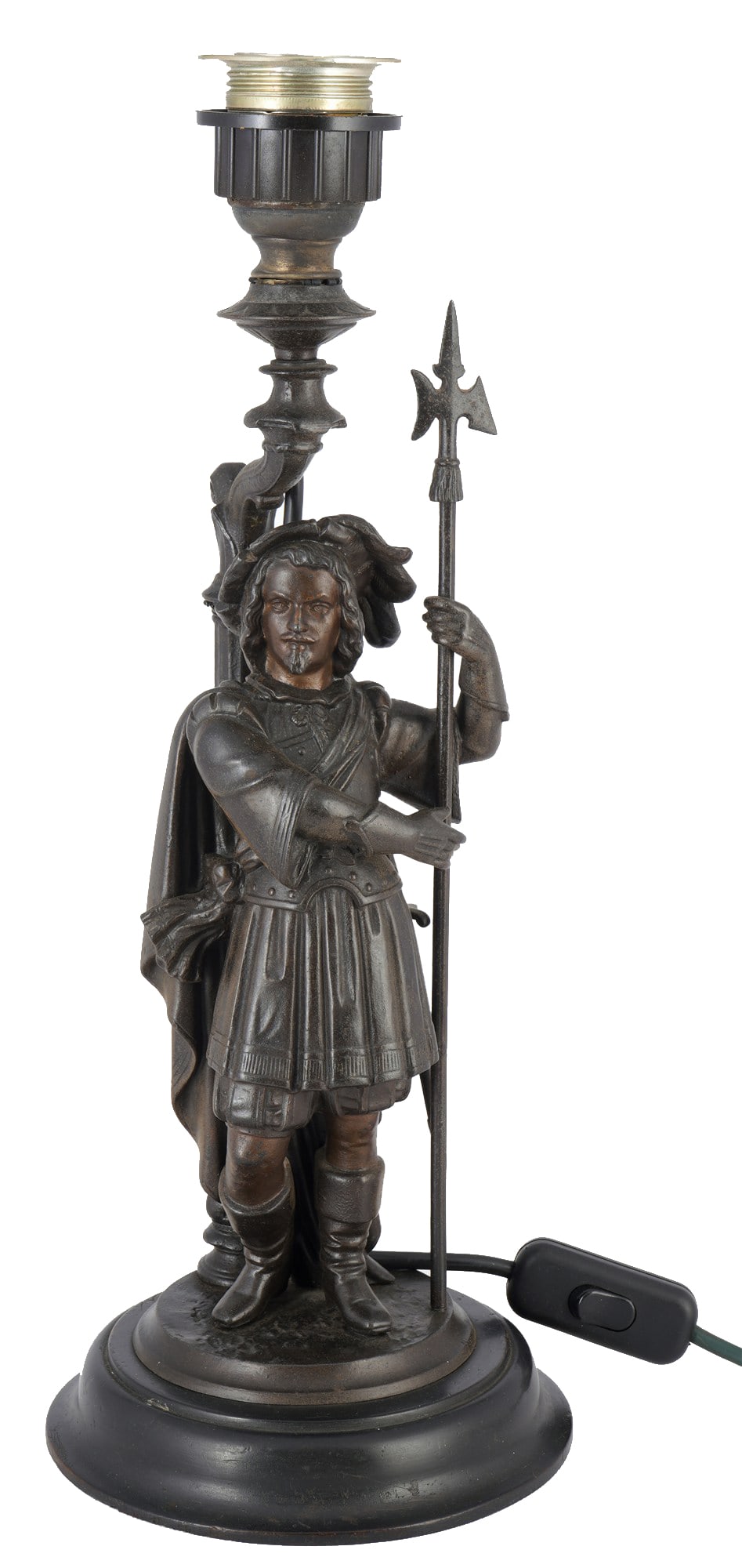 Landsknecht figure lamp with halberd circa 1900: Dark-patinated zinc casting, fully sculpted depiction of a guardsman in Renaissance dress with halberd and sword, standing in front of a fluted column, later electrified, H 42 cm x D 16.5 cm, signs of