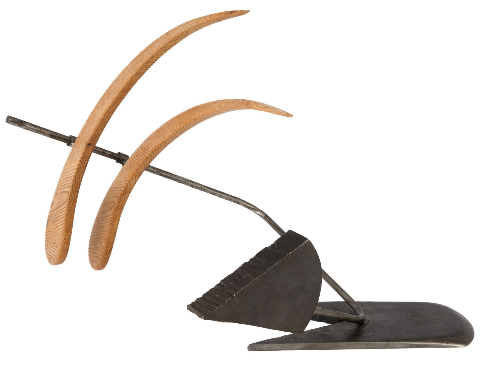 Abstract sculpture made of steel and wood, monogrammed HH, dated 1989.: Steel and wood, monogrammed and dated HH (19)89 on the plinth, composition of bent and welded steel with two wide-reaching and curved wooden elements, H 45 cm