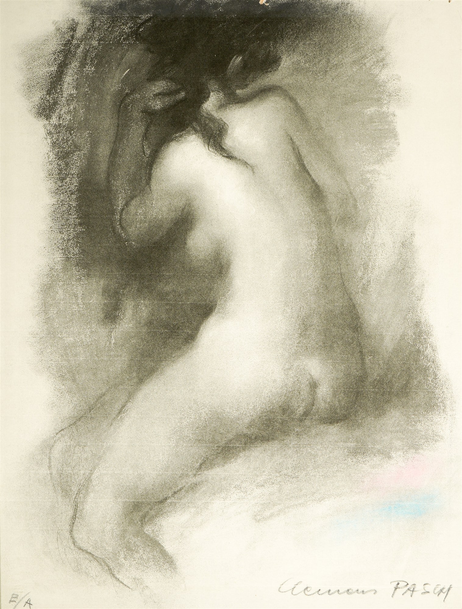 Clemens PASCH (1910-1985) seated female nude,: Color lithograph on paper, signed Clemens Pasch lower right and inscribed E/A (German sculptor and painter, born 1910 in Sevelen - 1985 Duesseldorf), sheet dimensions: 58.5 cm high x 45.5 cm wide, fra