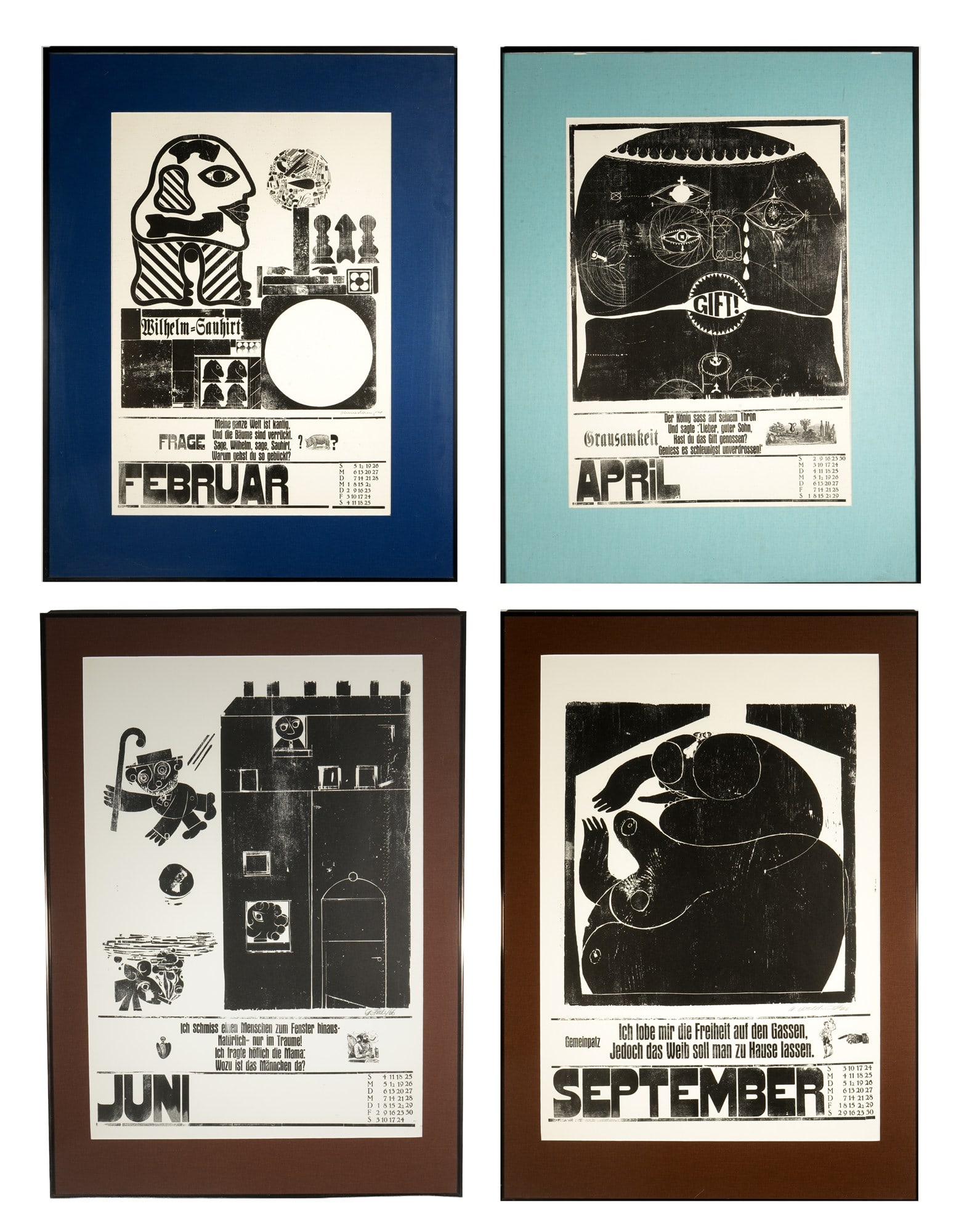 Werkstatt Rixdorfer Drucke - four months from the 1967 picture calendar,: Woodcuts, each signed and dated (19)66, four large-format calendar pages from the 1967 picture calendar of the Rixdorfer Drucke workshop, including artist signatures of Arno Waldschmidt (1936?2017), J