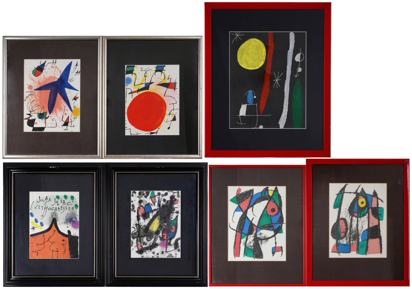 Joan Mir? (1893-1983) 7 works, lithographs: Lithographs/paper, collection of seven works, all framed behind glass, sheet dimensions 32 cm high x 24 cm wide and smaller, frame 60.5 cm high x 50 cm wide, frames partly damaged