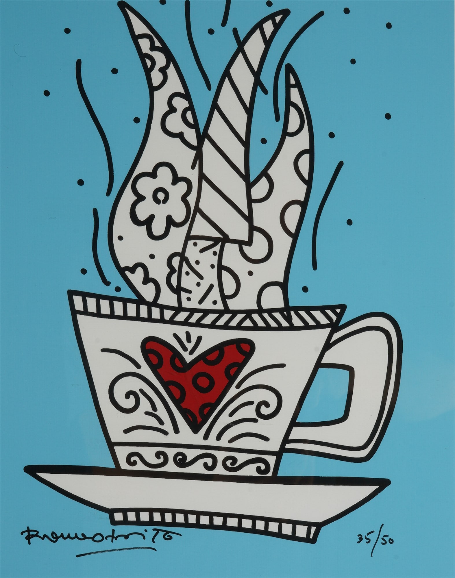 Romero BRITTO (*1963) Good Morning in Blue,: Color screen print on paper, signed Romero Britto and numbered 35/50 at the bottom, Brazilian Neo-Pop artist born 1963 in Recife, Pernambuco, Brazil, H 40.5 cm x W 33 cm, framed 50.5 cm x 38.5 cm
