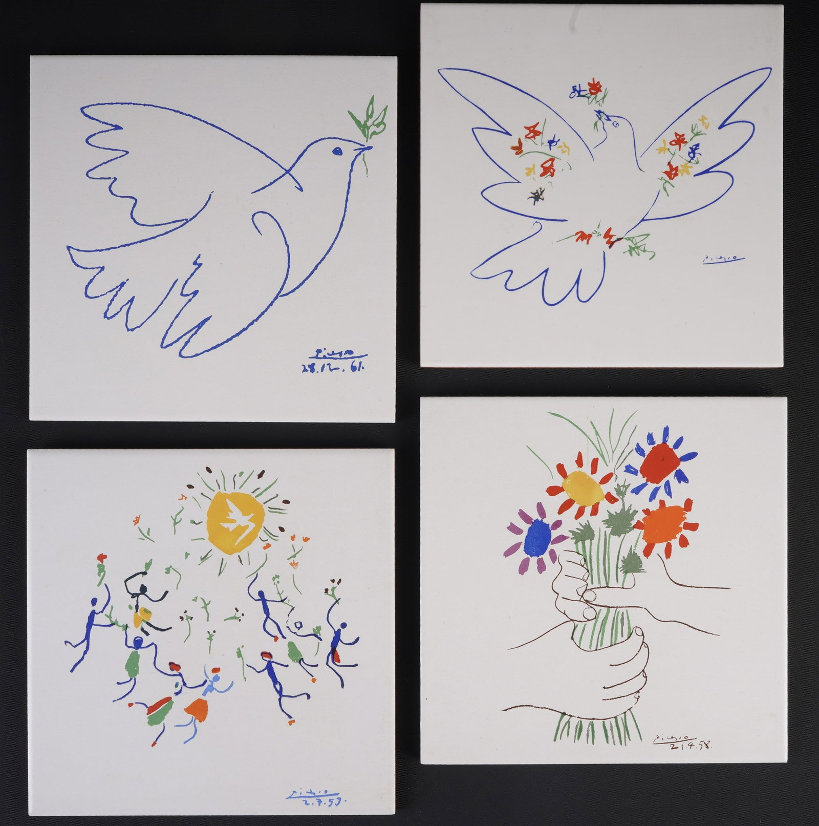 4 ceramic wall tiles with motifs by Pablo Picasso,: Ceramic, with the company mark Ceramica Vivas S.A. (Spain) on the reverse, designs by Pablo Picasso (1881-1973), including motifs: Colombe de la paix (Dove of Peace, dated 28.12.61), Colombe volant av