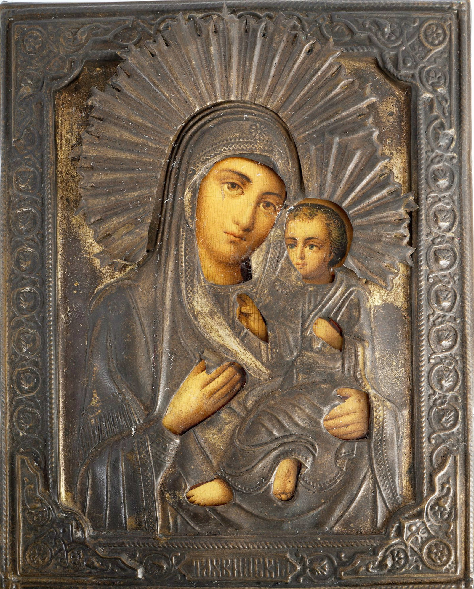 Russia icon of the Mother of God of Tikhvin / Hodegetria with metal oklad - 19th century, (1 of 3)