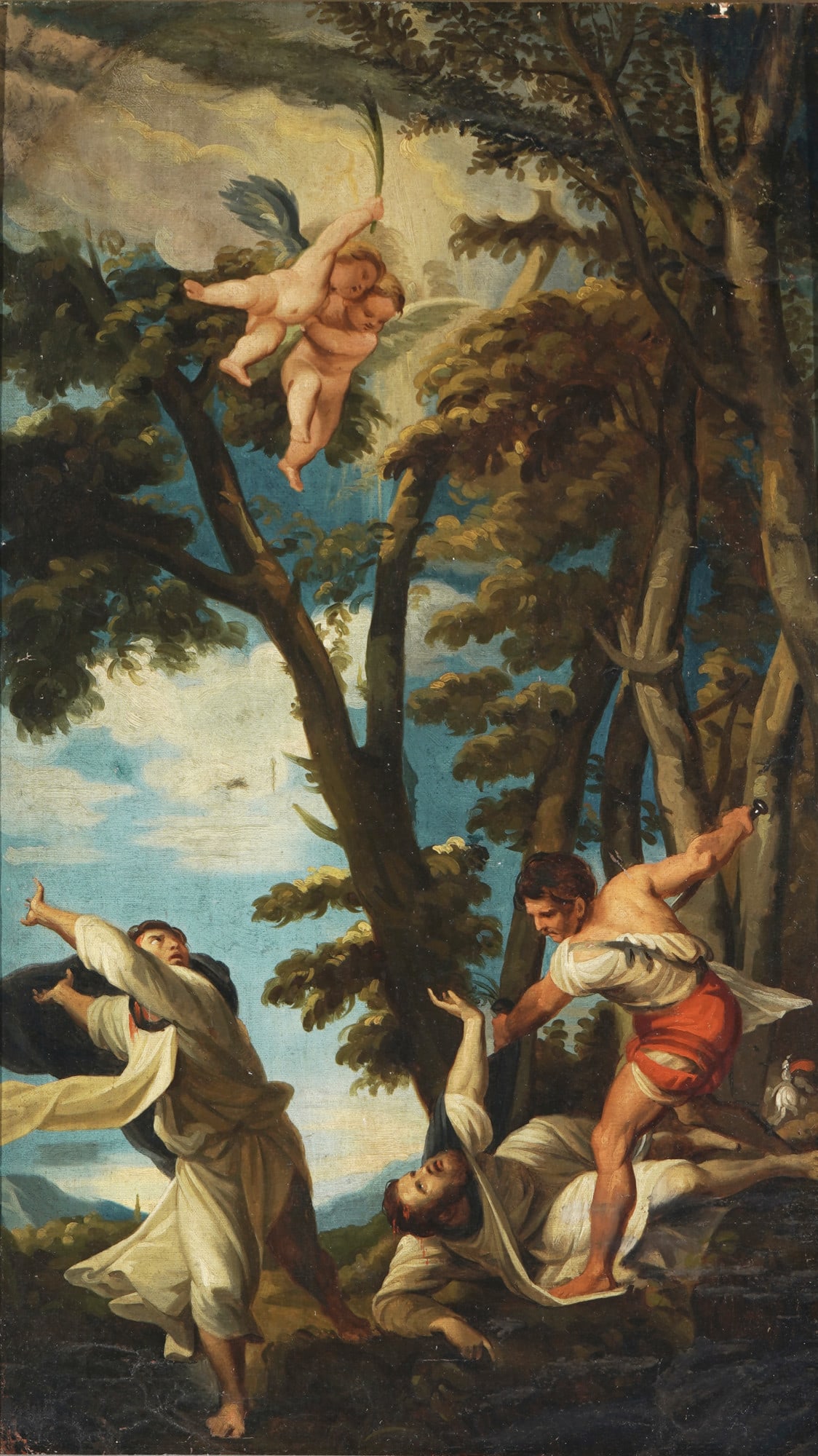 Old Master 18th/19th century, Martyrdom of Saint Peter of Verona,: Oil on canvas (lined on panel), no discernible signature, Old Master painting after Titian, H 62 cm x W 36 cm, framed 74 cm x 47.5 cm, abrasions, retouching, signs of age