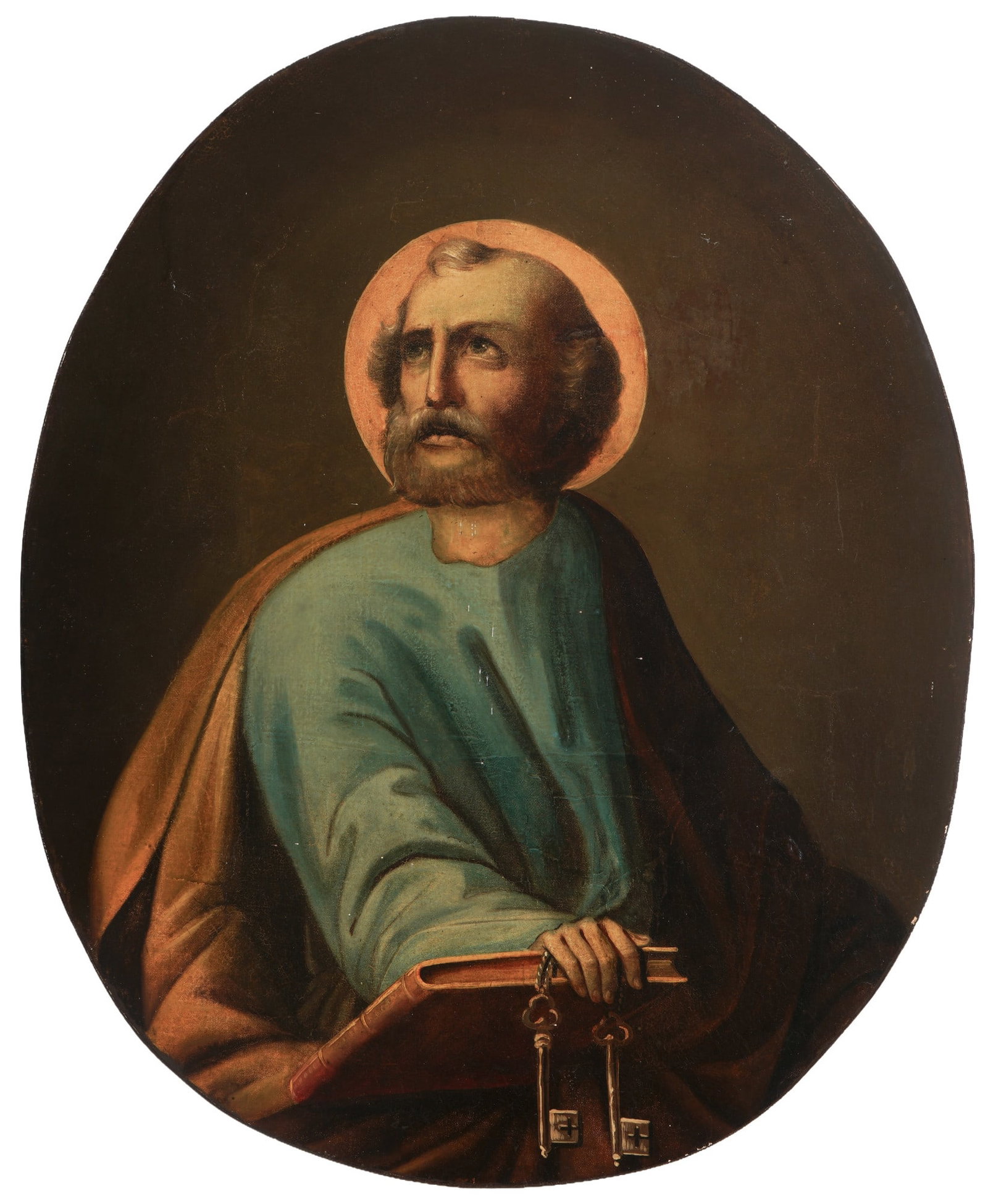 Old Master 17th/18th century Saint Peter,: Oil on canvas (lined on panel), oval depiction of Saint Peter with the keys to heaven and a book, H 61 cm x W 49.5 cm, restored.