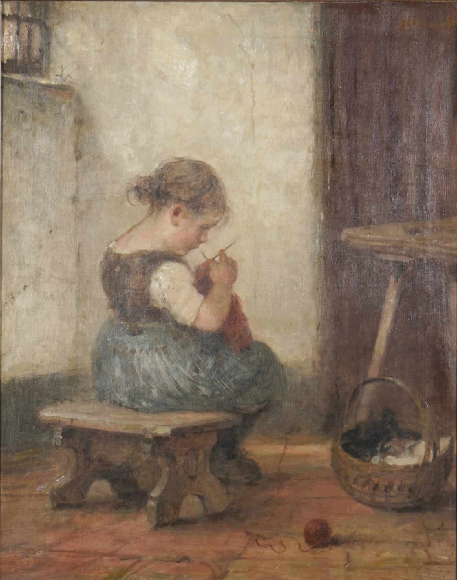 Hugo OEHMICHEN (1843-1932) Knitting Girl on a Wooden Bench,: Oil on canvas, signed H. Oehmichen (German painter, born 1843 in Borsdorf - 1932 Duesseldorf) in the upper right, depicting a young girl knitting in a rural setting, H 50 cm x W 40.5 cm, ornate frame 