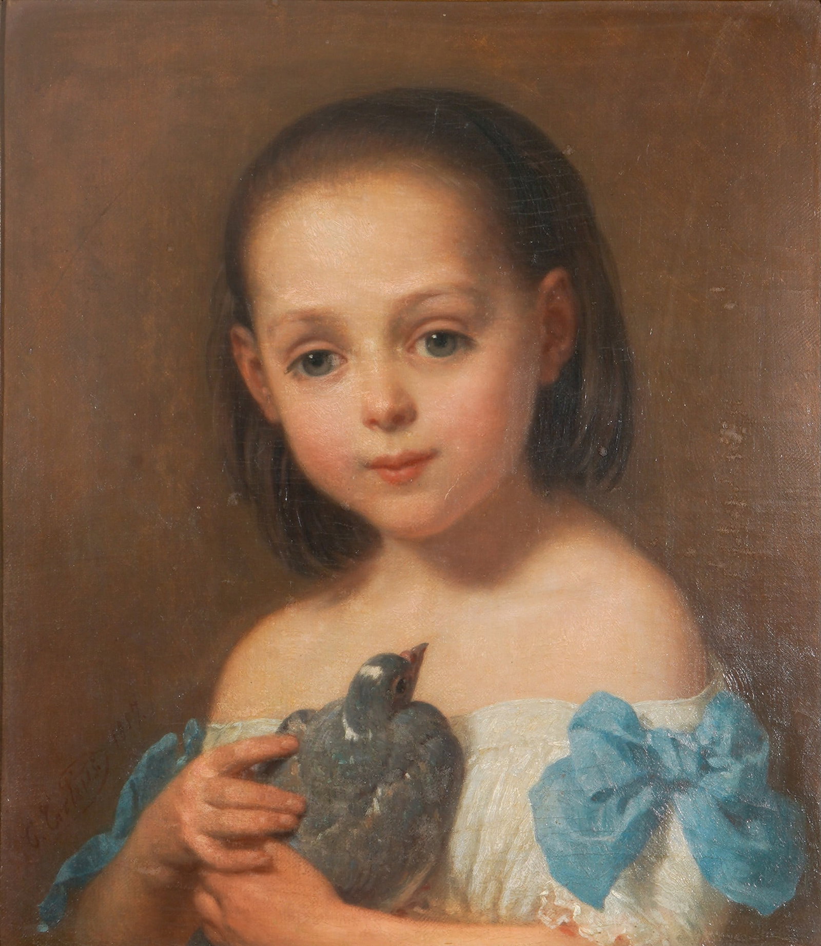 Konstantin Johann F. Cretius (1814-1901) Girl with Dove,: Oil on canvas, signed and dated lower left Cretius 1857, German genre, history and portrait painter as well as professor and full member of the Berlin Academy, born 1814 in Brieg in Silesia - 1901 Ber