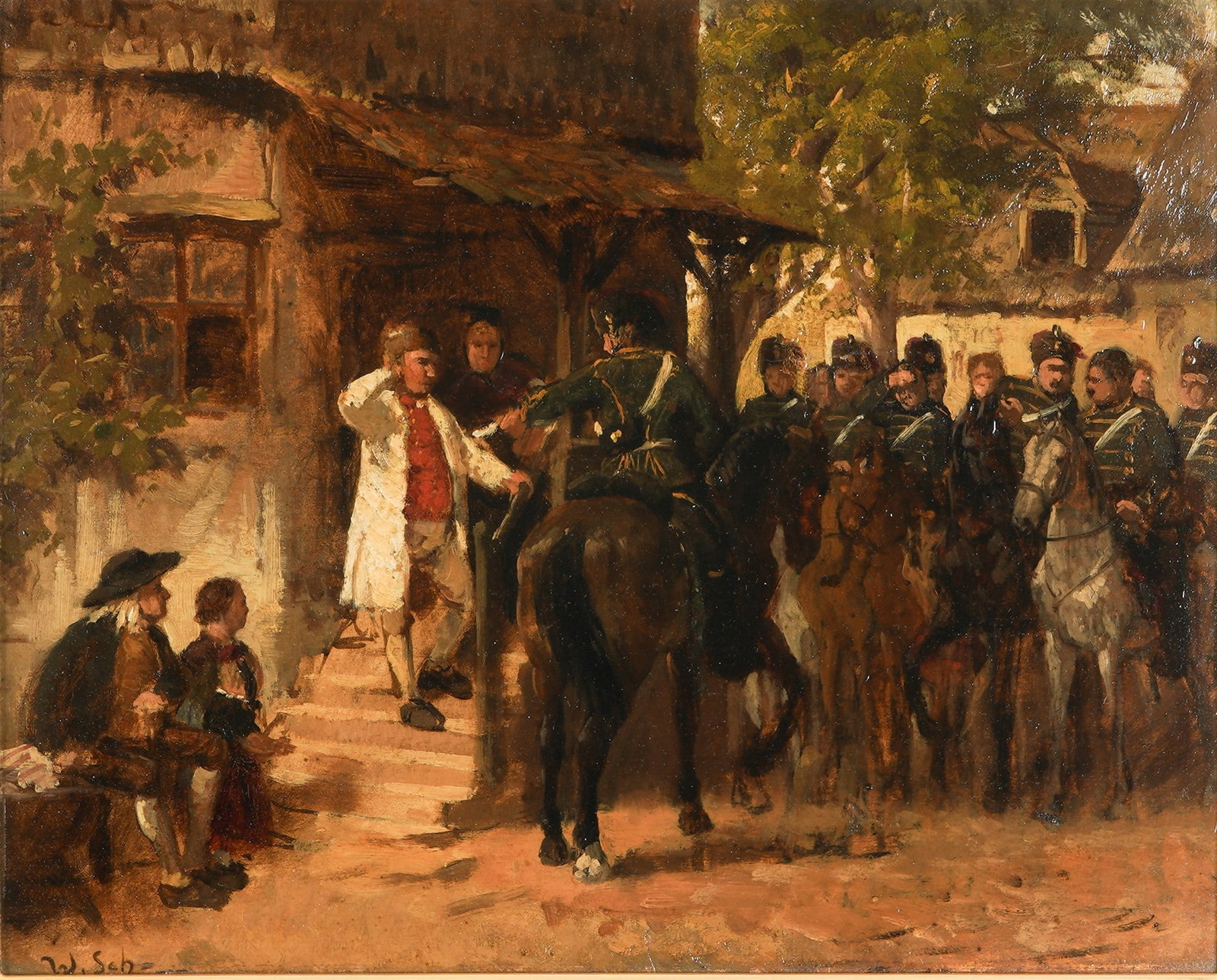 Werner Wilhelm SCHUCH (1843-1918) Resting cavalry in front of the tavern,: Oil on cardboard, signed lower left W. Schuch, inscribed and estate stamp on the reverse: W. Schuch, German architect, university professor and painter, born 1843 in Hildesheim - 1918 Berlin, H 29.5 c