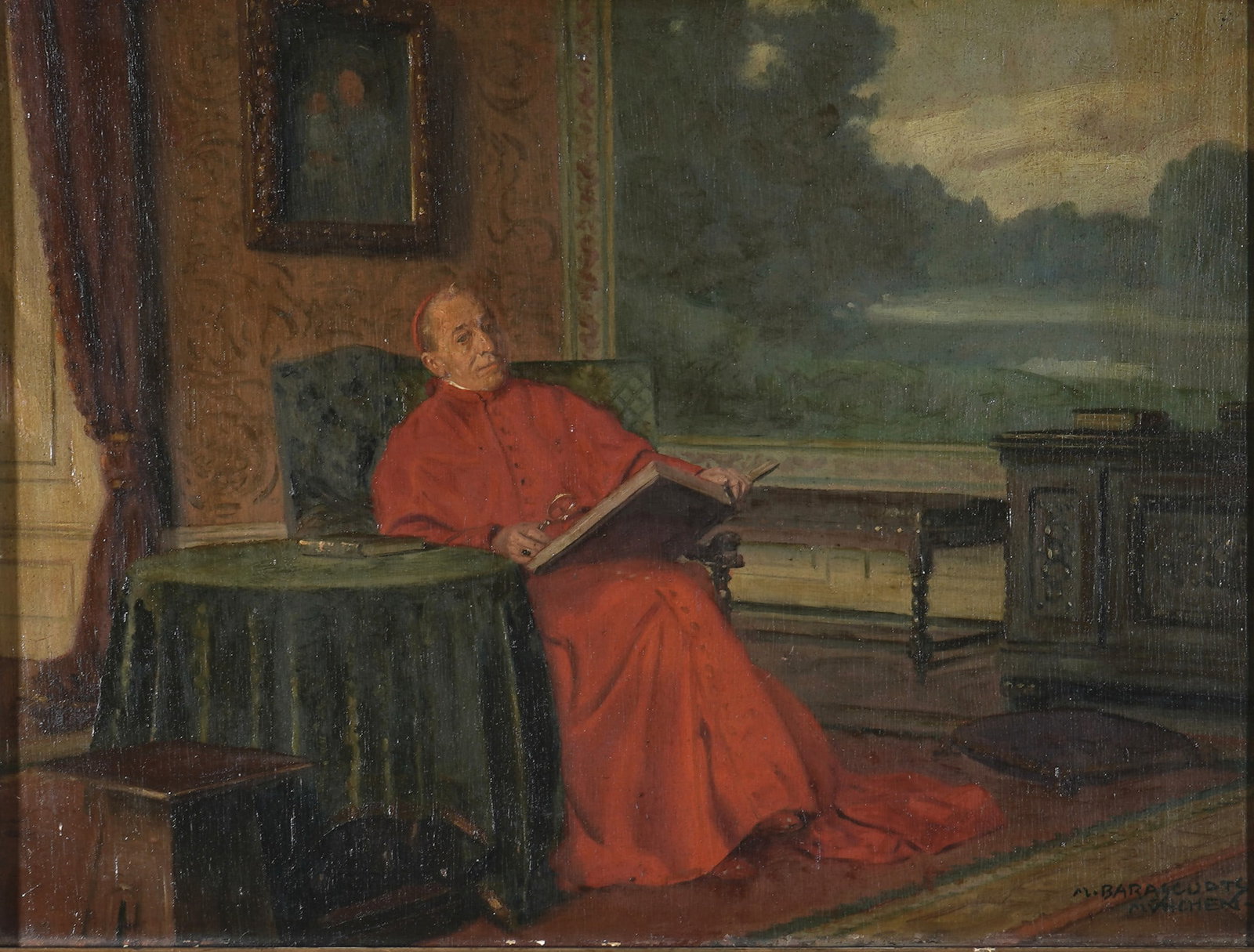 Max Barascudts (1869-1927) The Reading Cardinal,: Oil on panel, signed lower right M. Barascudts Munich, German painter, graphic artist and book illustrator born 1869 in Saint-Denis - 1927 Munich, H 30.5 cm x 40 cm, frame 49 cm x 58.5 cm, frame damag