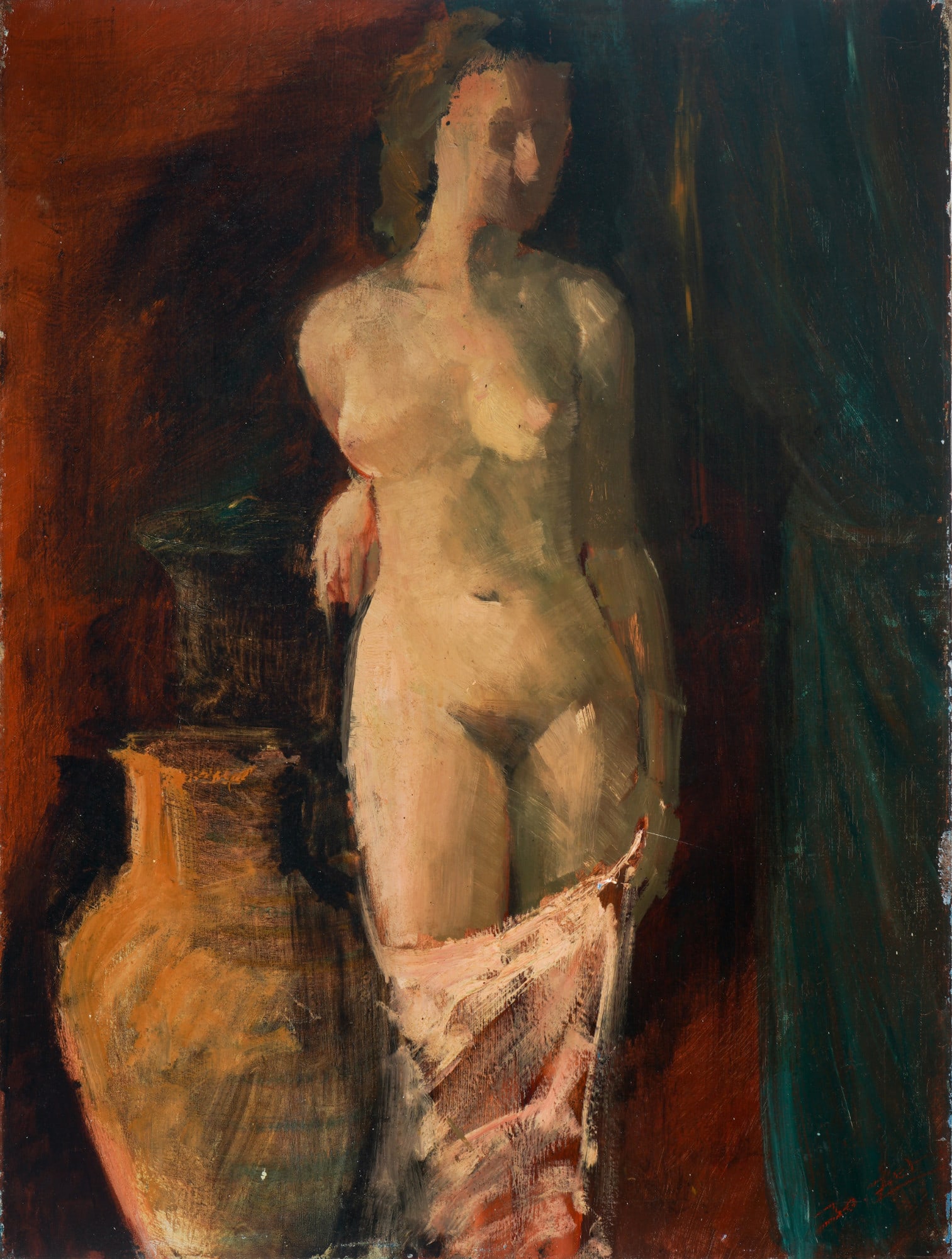 Painter circa 1920/1930, Female Nude, signed,: Oil on canvas, signed lower right (undeciphered), female nude in three-quarter profile next to a monumental floor vase, H 80 cm x W 60 cm, unframed, small chips and areas restored