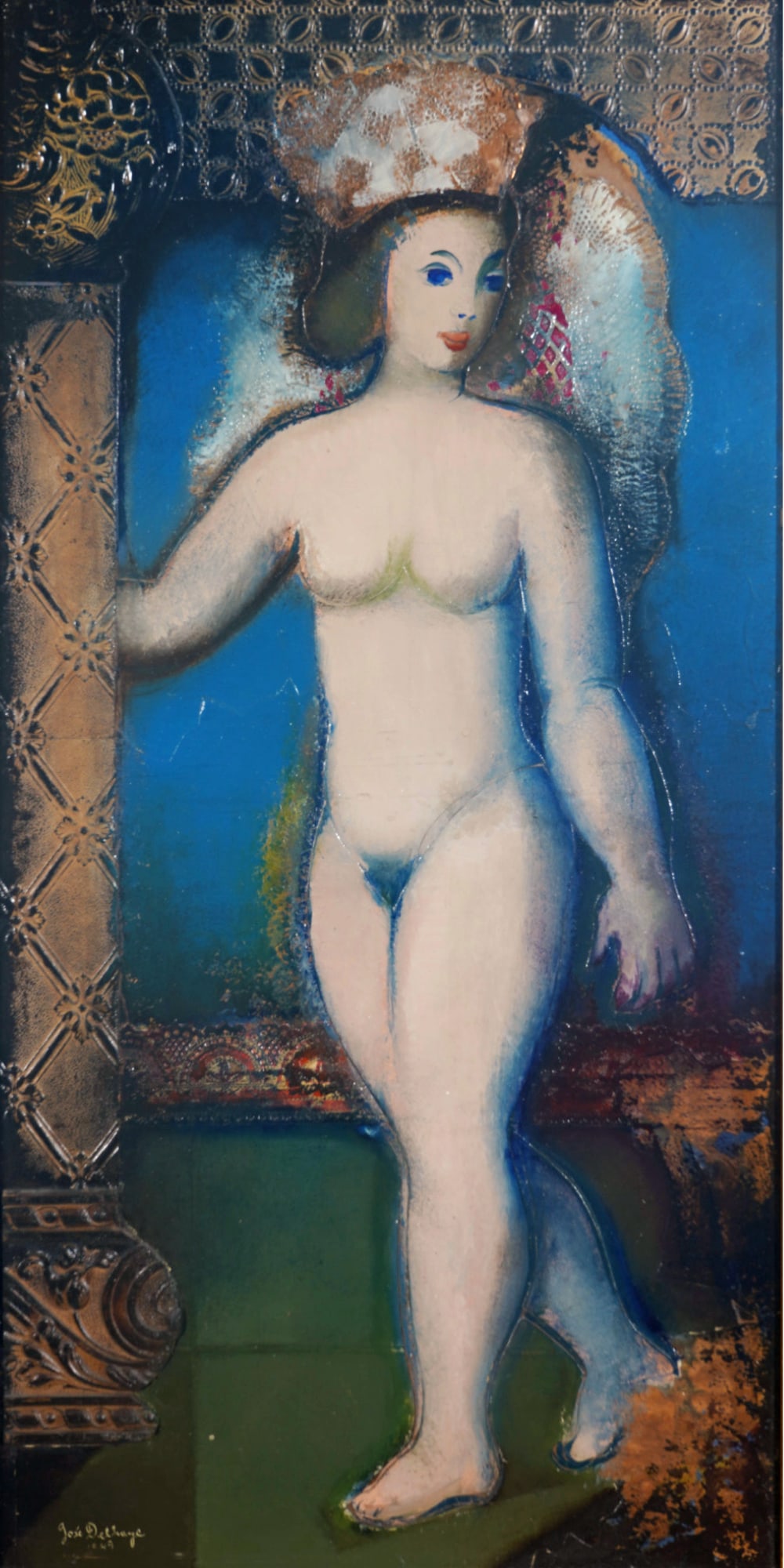 Jos? DELHAYE (1921-1991) nu debout / standing nude 1949,: Oil on canvas, signed and dated lower left Jos? Delhaye 1949, Belgian painter born 1921?1991, verso with label of the H?tel des Ventes Mosan, Li?ge, inscribed ?Nu debout?, auction June 2008 cat. no. 3