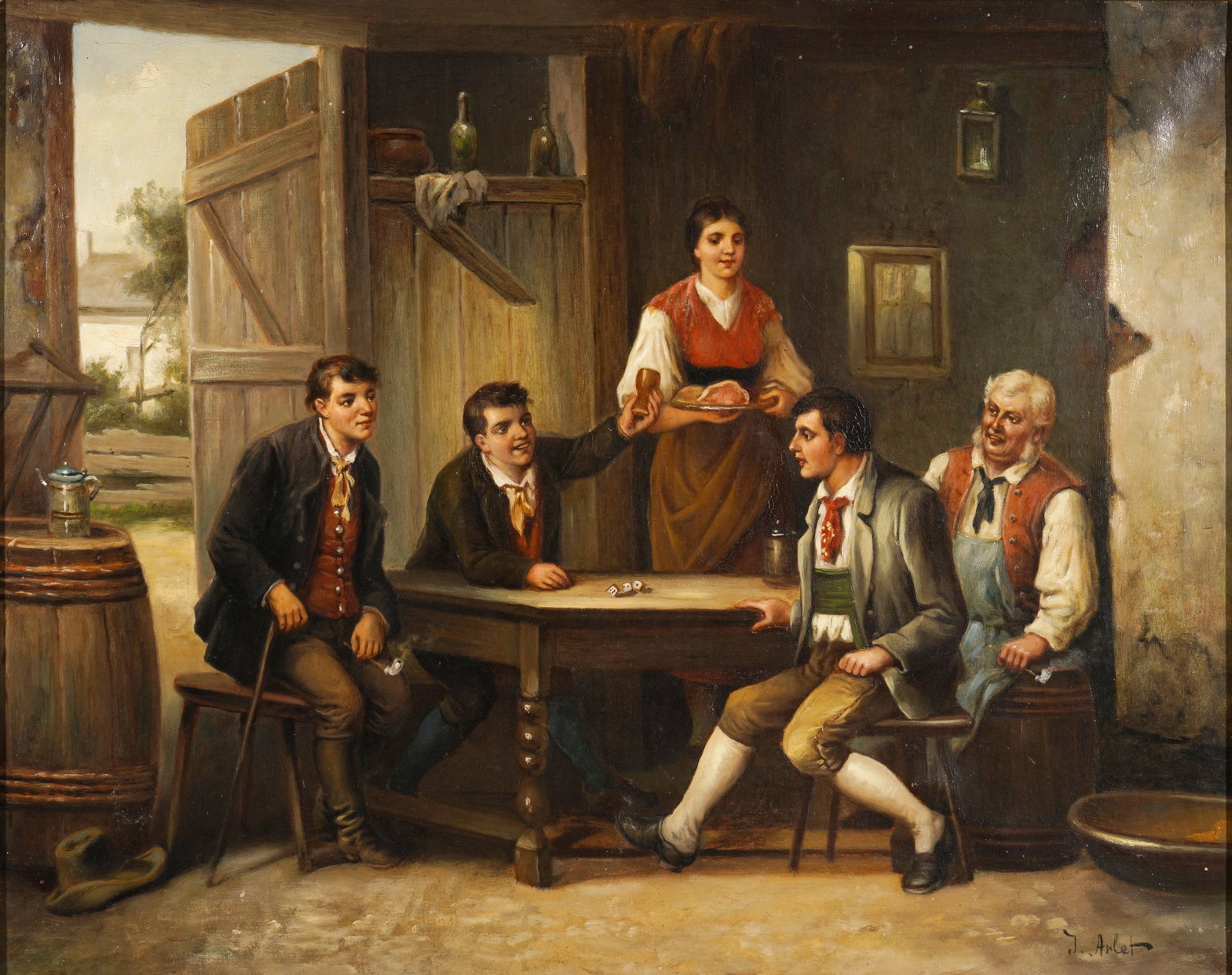 Jacob ARLET (19th-20th cent.) tavern scene with dice game,: Oil on canvas, signed J. Arlet lower left, genre scene with four men and a waitress in a rural tavern, H 55.5 cm x W 69 cm, frame 66.5 cm x 79.5 cm, craquelure, some areas restored.