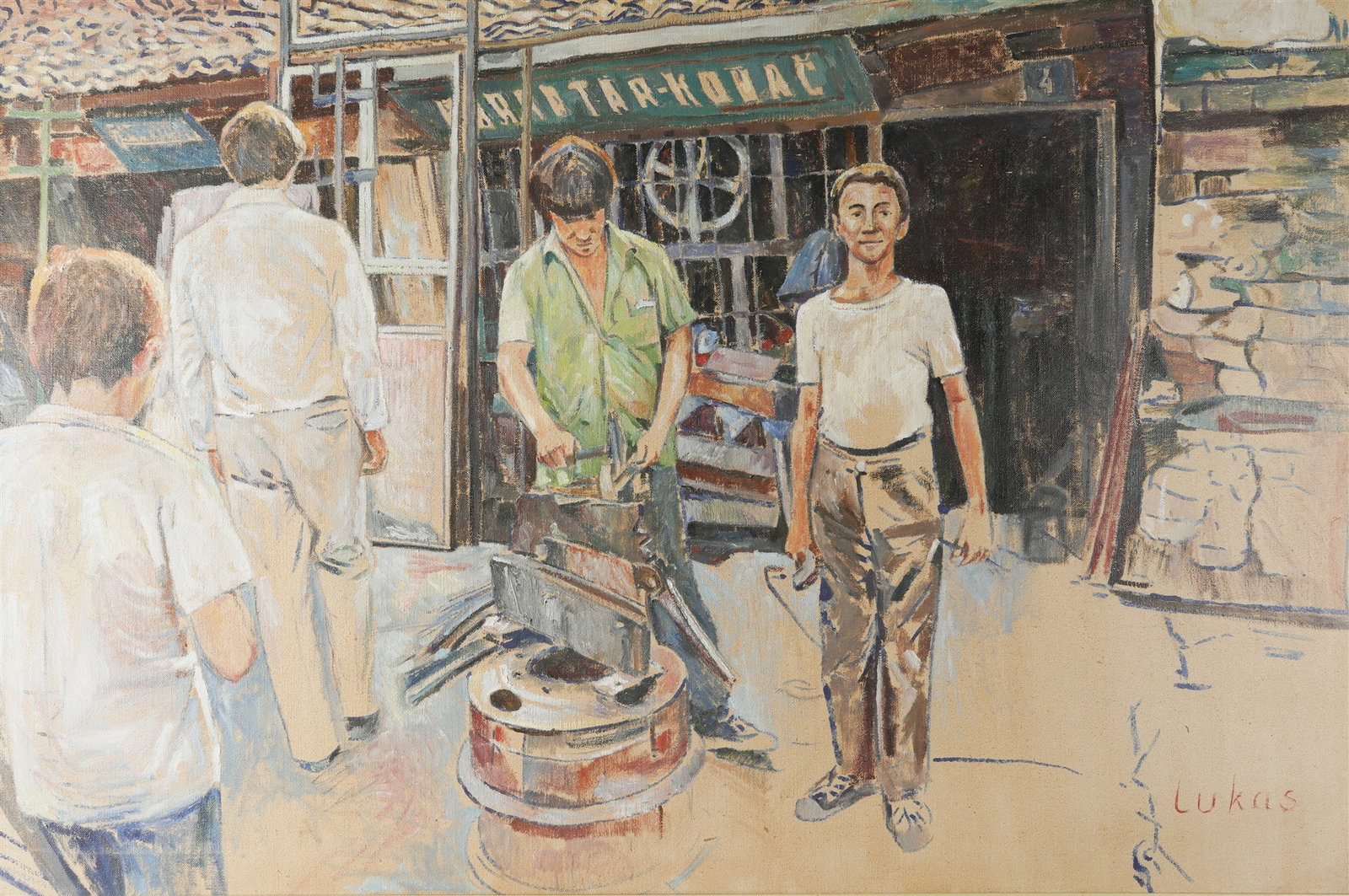 Lucas DE VUYST (*1951) Blacksmith in the Balkans,: Oil on canvas, signed lower right Lukas, Belgian painter born 1951 in Ghent, H 80 cm x 120 cm, frame 93.5 x 134 cm