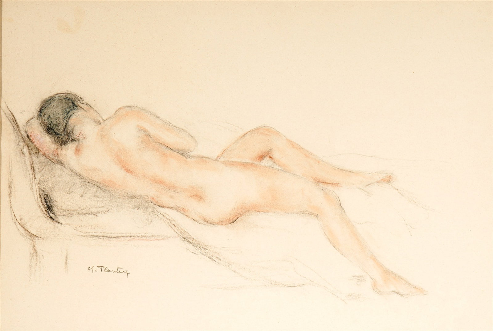 Madeleine Plantey (1890-1985) reclining female nude,: Chalk/watercolor on paper. Signed lower right M. Plantey, French painter, born 1890 - 1985 Saint-Laurent-de-Chamousset, visible dimensions H 31 cm x W 47 cm, framed behind glass 39 cm x 55 cm