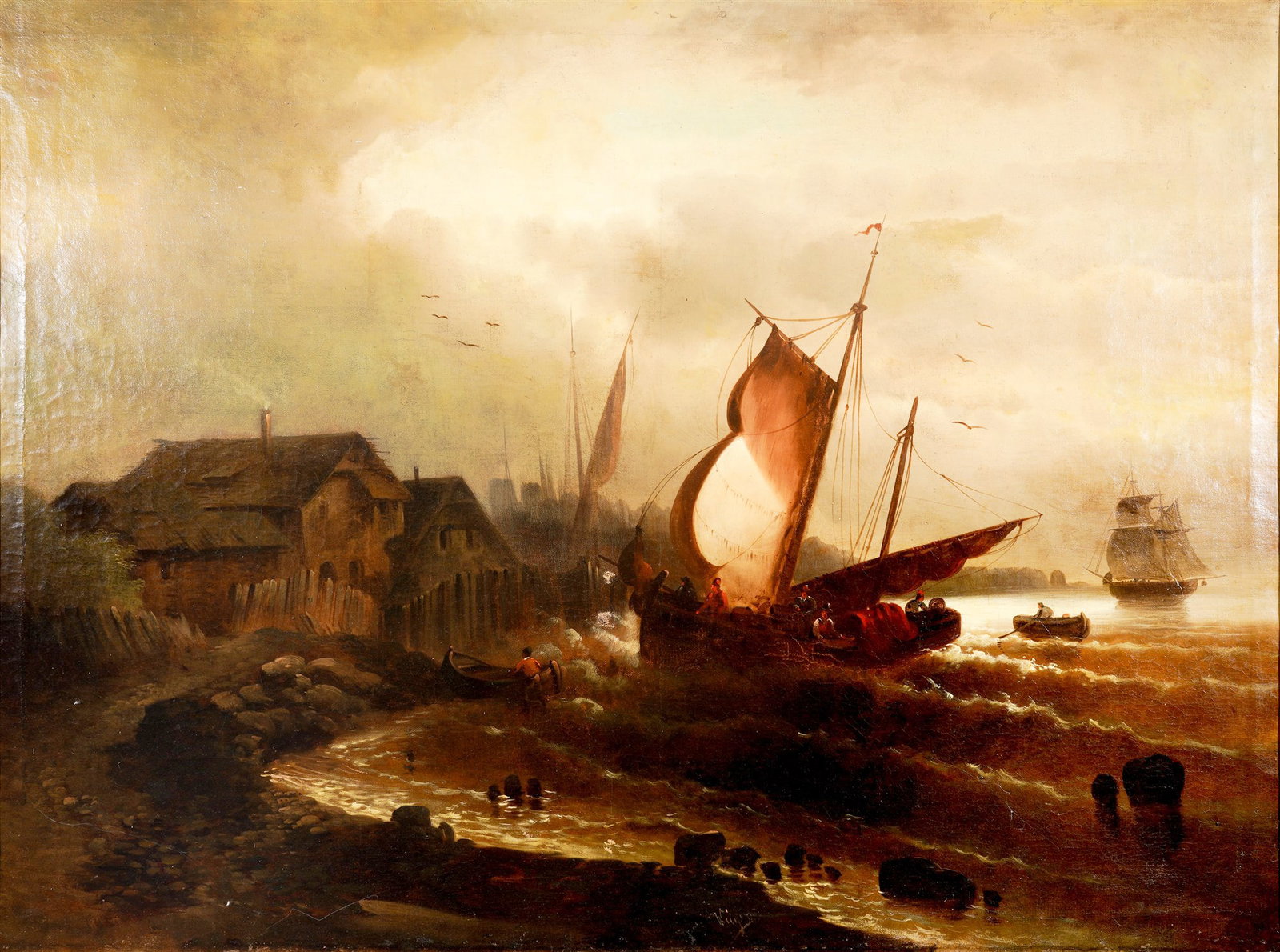 Unknown painter, 18th/19th century, Dutch harbor scene with sailing ships,: Oil on canvas, signed lower right, probably Weiger (undeciphered), atmospheric coastal scene with a large sailboat in front of a harbor in heavy seas, H 74 cm x W 100 cm, framed 92 cm x 116.5 cm, abra