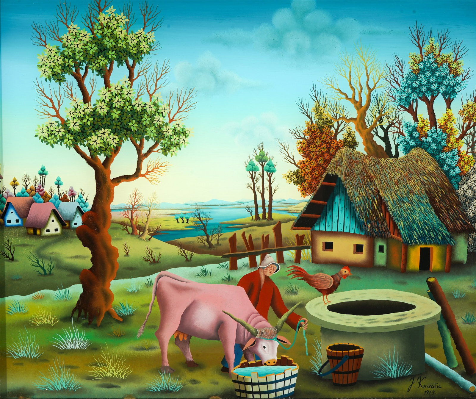 Josip KOVACIC (1946) Naive Painting - Village Landscape 1973,: Reverse glass painting, signed and dated lower right J. Kovacic 1973, Croatian painter of Na?ve Art, born 1946 in Molve, Croatia, H 50 cm x W 60 cm, frame 67.5 cm x 57.5 cm