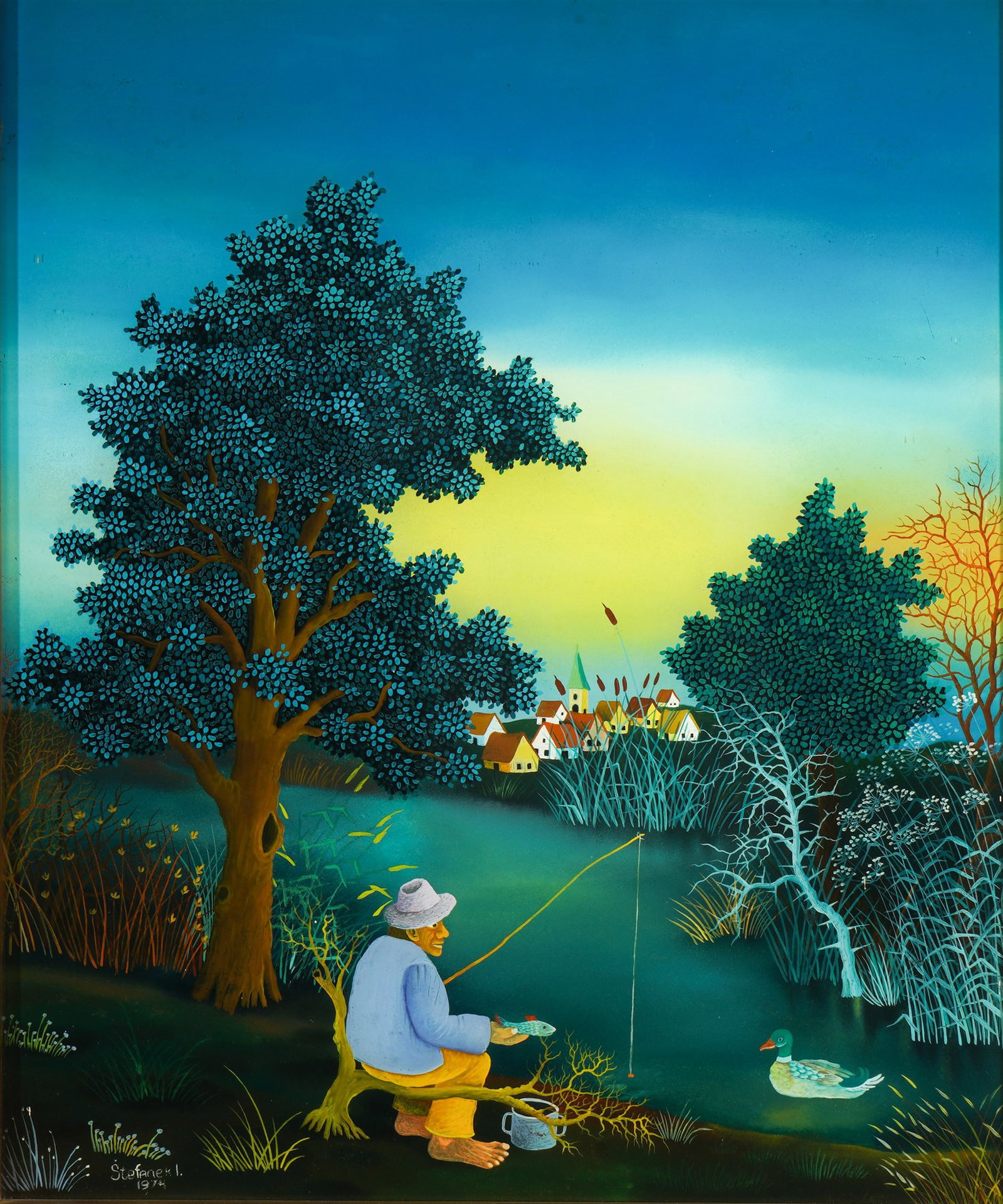 Ivan Stefanek (*1942) Naive painting - Landscape with angler 1974,: Reverse glass painting, signed and dated Stefanek I. 1974, Croatian Na?ve Art painter, born 1942 in Zagorje/Hrastovsko, Croatia, depicting an angler on a riverbank with a caught fish in his hand. The 