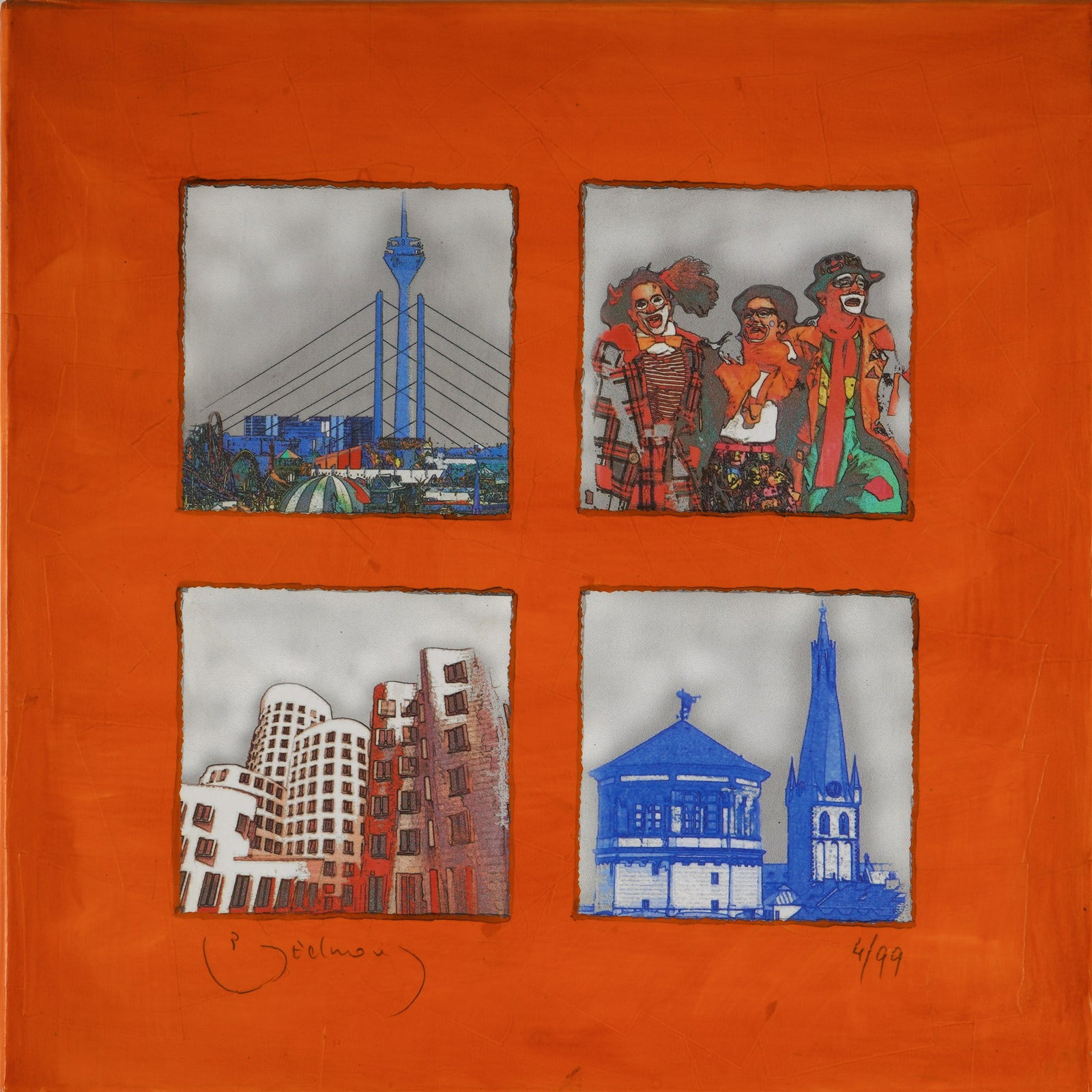 Peter Bednorz (*1960) City of Duesseldorf,: Collage in mixed media on canvas, signed P. Bednorz on the left and numbered 4/99 on the right, with adhesive label on the reverse, H 50 cm x W 50 cm, unframed, slightly rubbed