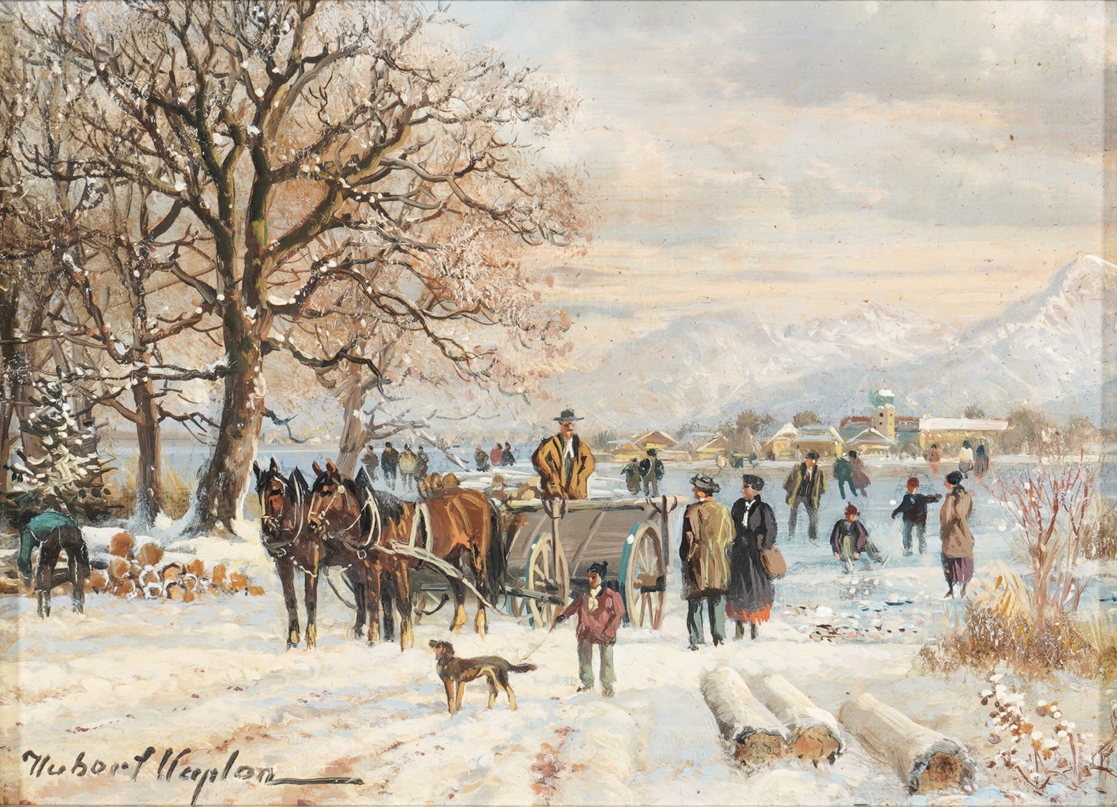 Hubert KAPLAN (1940-2024) Winter landscape with horse-drawn carriages and ice skaters against an (1 of 4)