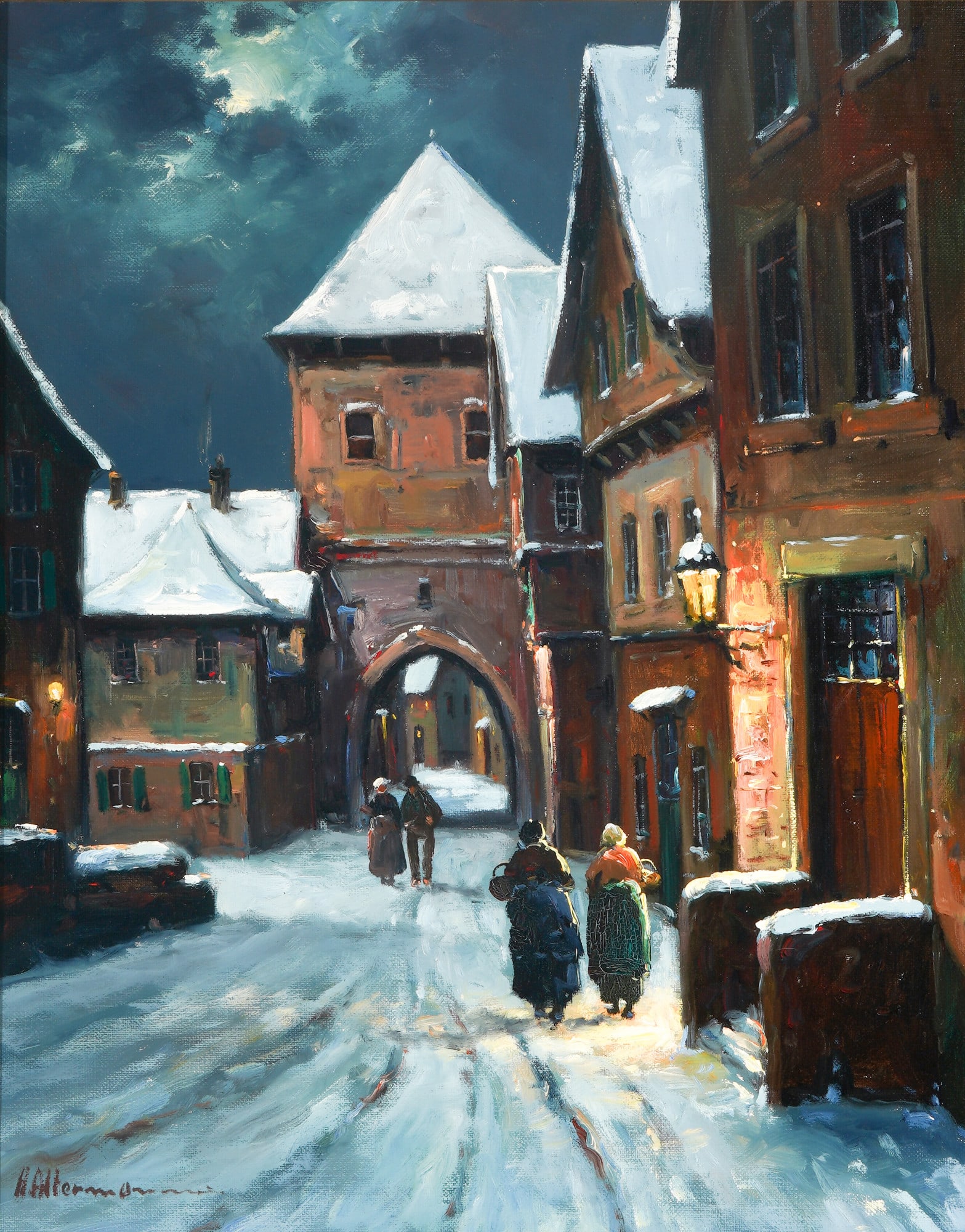 Horst ALTERMANN (1925-1978) Wintery Old Town Alley at Night,: Oil on canvas, signed lower left H.Altermann, German animal, landscape, marine and genre painter, born 1925 in Duesseldorf - died 1978 in Duesseldorf, H 50 cm x W 40.5 cm, framed 64 cm x 54 cm
