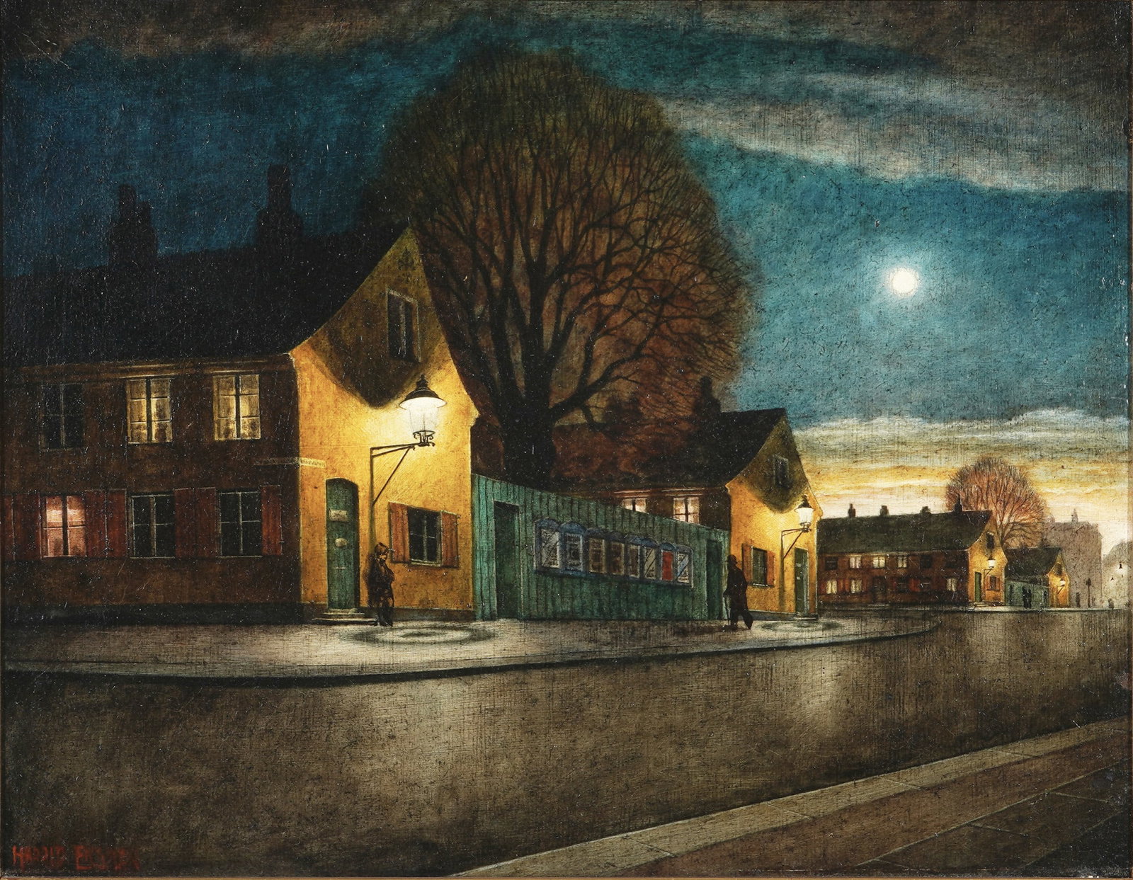 Harald ENGMAN (1903-1968) Nighttime street scene,: Oil on canvas, signed H. Oehmichen, Danish painter, born 1903 in Copenhagen - 1968 Copenhagen, nighttime city scene with moonlit street and warmly lit houses, H 35.5 cm x W 45.5 cm, framed 49 cm x 59 