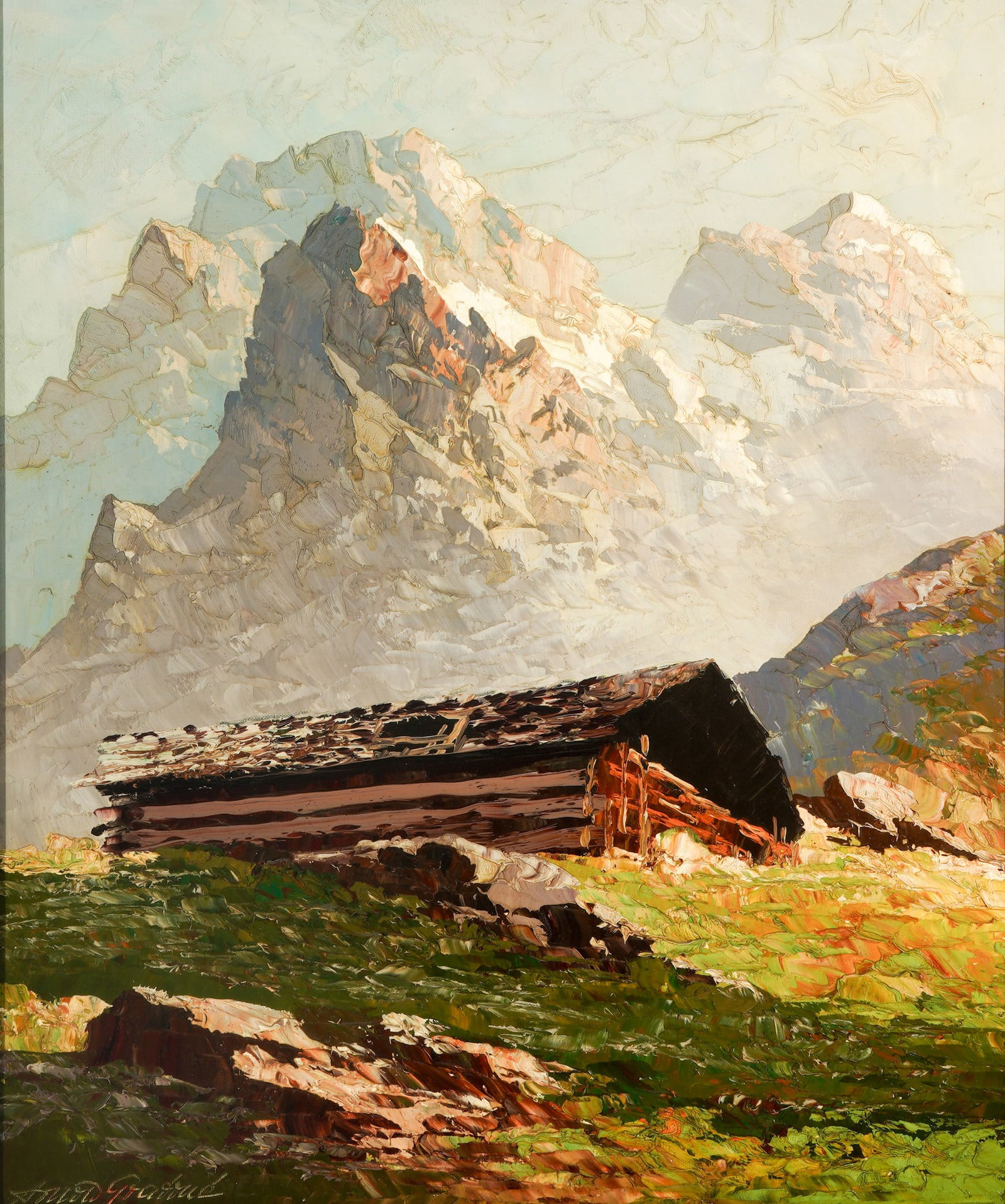 Georg ARNOLD-GRABONE (1896-1982) Mountain landscape with alpine hut,: Oil on canvas, signed lower left Arnold Grabone, German painter born 1896 in Munich - 1982 Buchhof, H 60.5 cm x W 50.5 cm, frame 70 cm x 60.5 cm