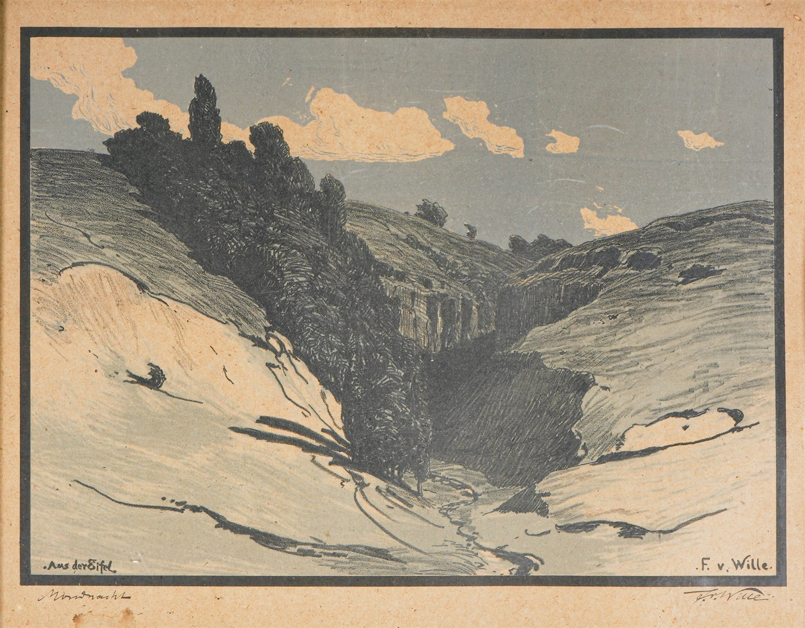 Fritz von Wille (1860?1941) Moonlit Night - From the Eifel region,: Lithograph on paper, signed F. v. Wille lower right and titled "Mondnacht" (Moonlit Night) on the left, signed and inscribed above in print, German painter of the Duesseldorf School of Painting, born 