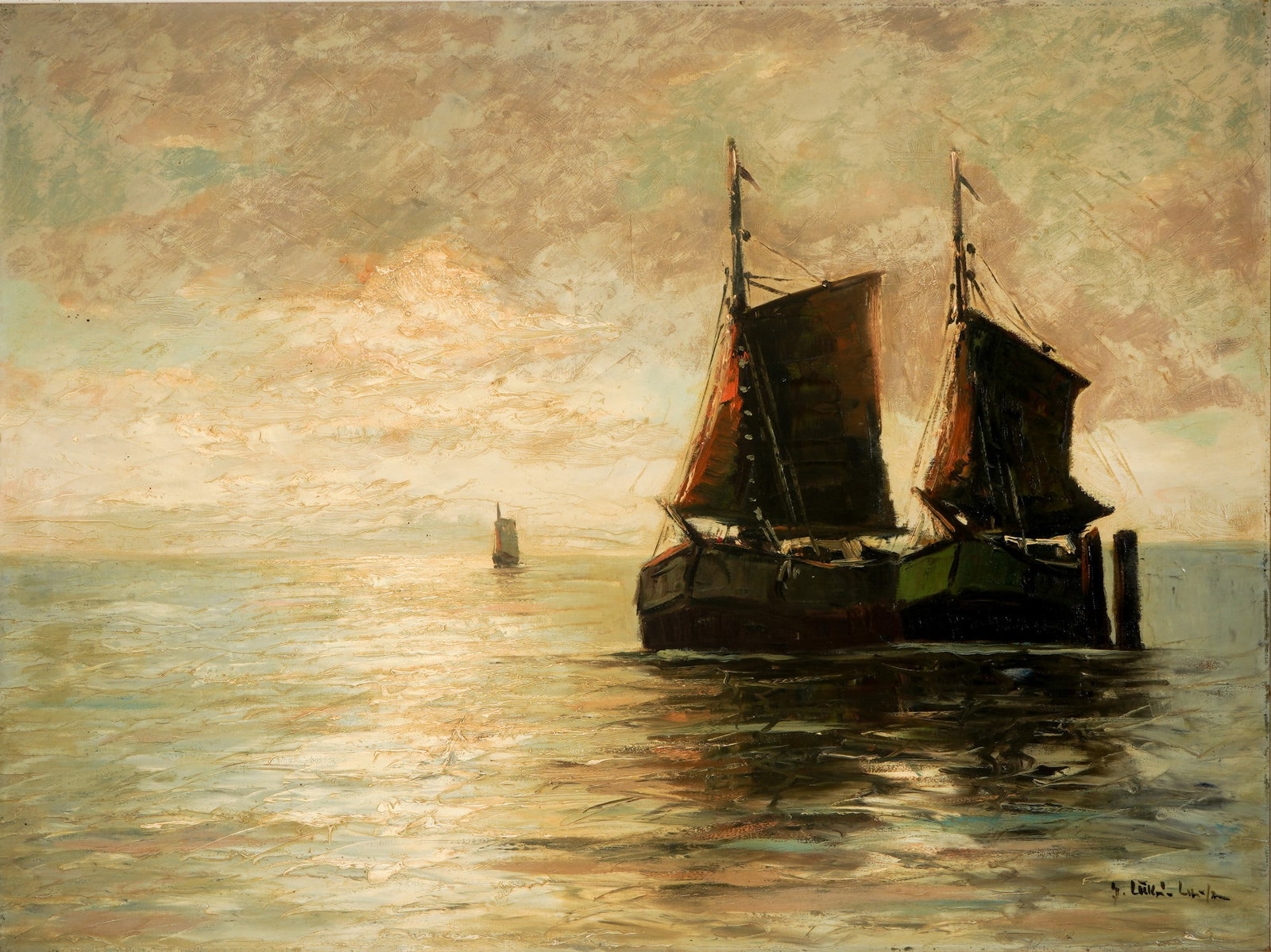 Gerhard Lukas-Larsen (1911-1965) Sailing ships in the evening light,: Oil on canvas, signed lower right G. Lukas-Larsen, German landscape and marine painter who studied art in Berlin and Duesseldorf, born 1911 in Swinemuende - died 1965 in Duesseldorf, H 60.5 cm x W 80.