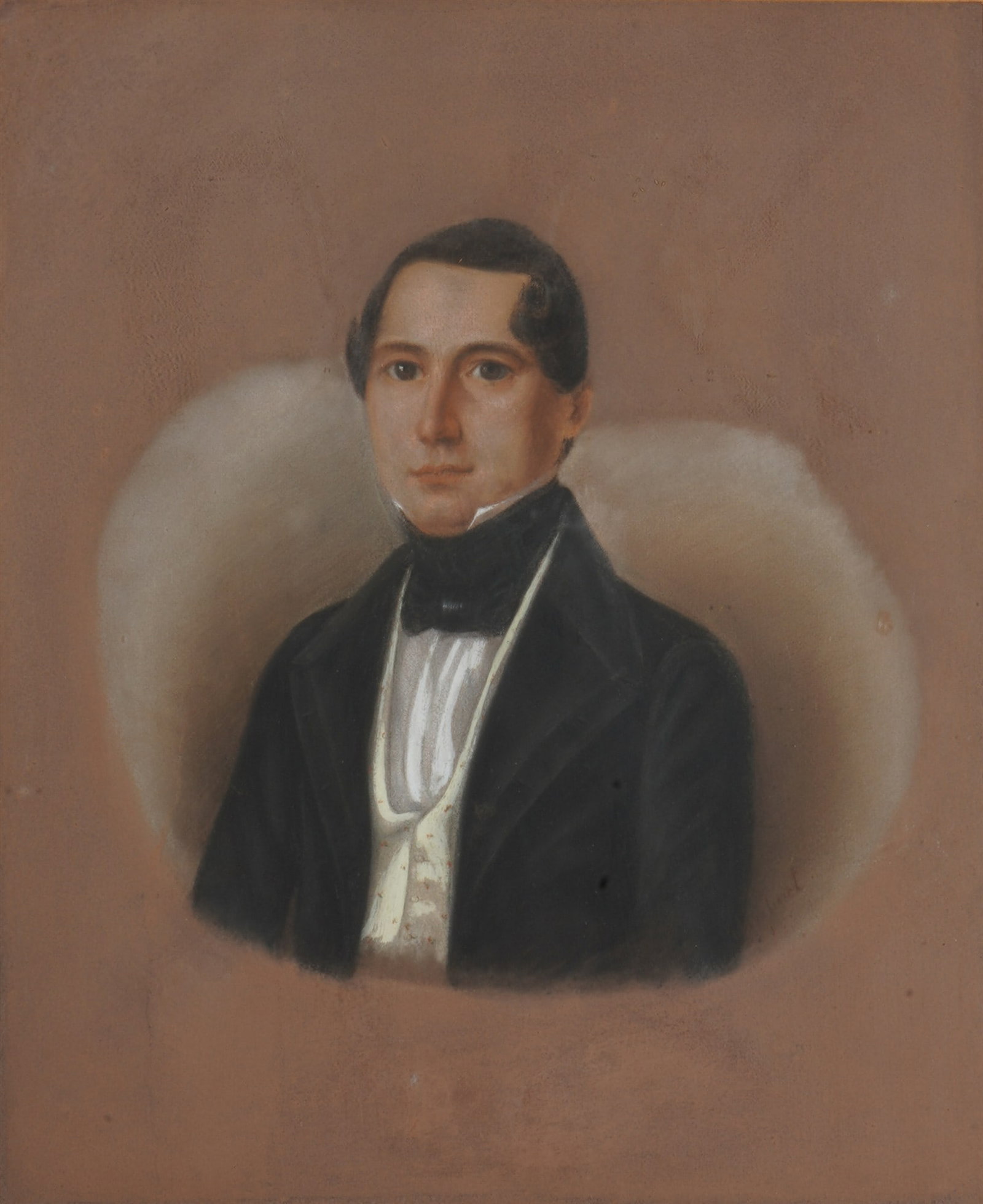 Emilie Schubert (1809-1862) Biedermeier portrait circa 1840: Pastel/chalk on paper, signed E. Schubert lower right, visible dimensions H 30.5 cm x W 25 cm, framed behind glass 51 cm x 43.5 cm, slightly foxed, frame damaged.