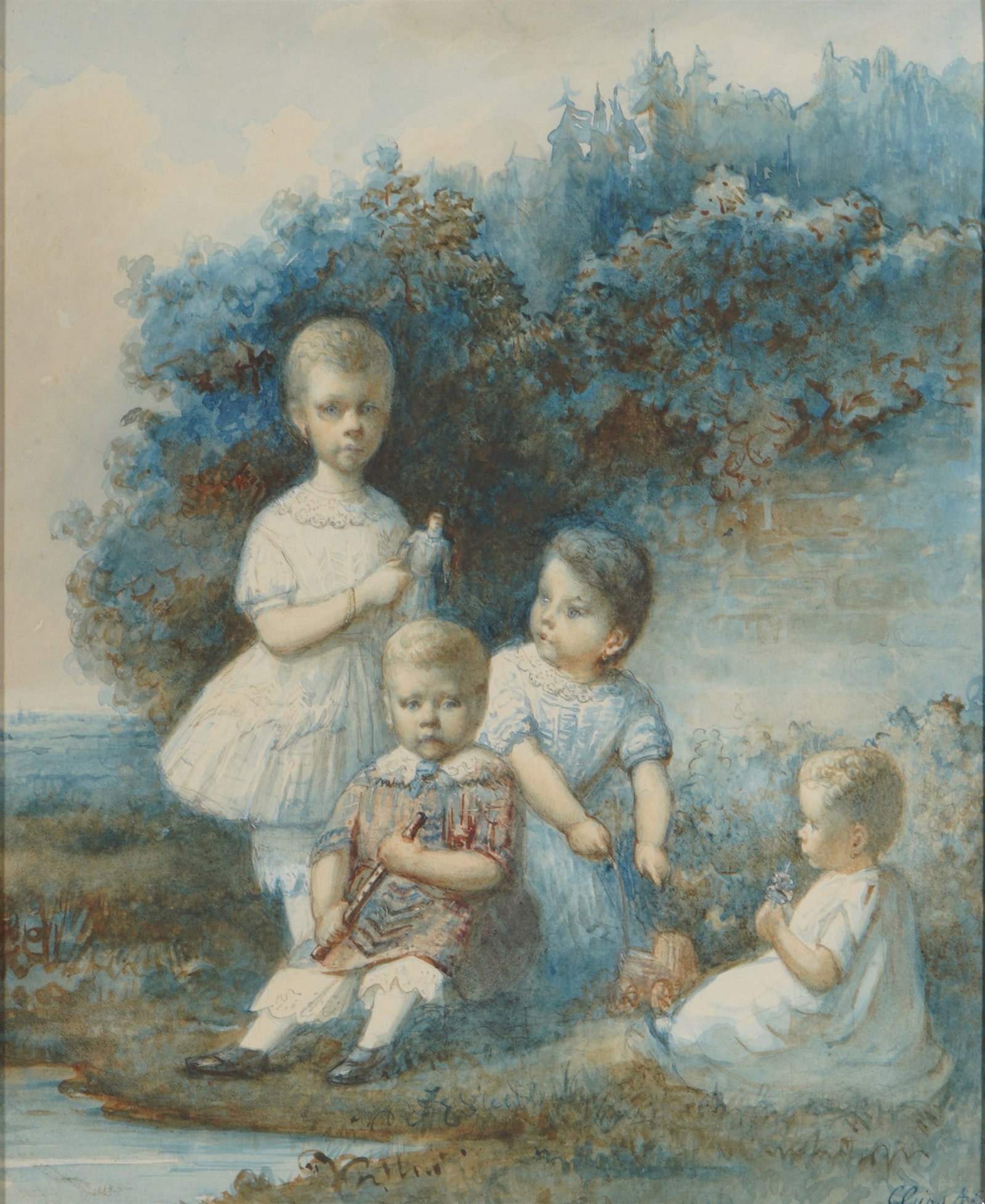 Cornelis Armandus GIPS (1829-1892) Children in the Park,: Watercolor and gouache on paper, signed C. Gips AZN., Dutch painter, born 1829?1892, depicting children with toys, H 34 cm x W 28 cm, framed 44 cm x 37.5 cm