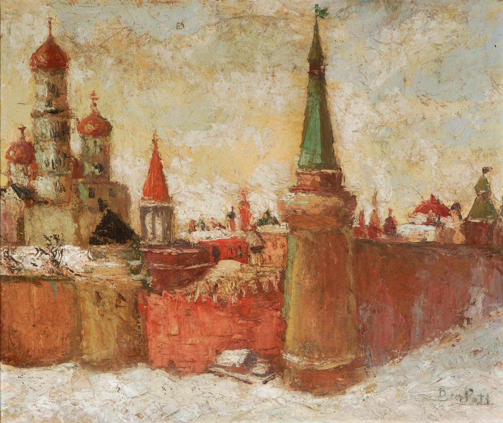St. Basil's Cathedral in Moscow, signed,: Oil on cardboard, signed lower right, probably Peter Potte, winter view of the Moscow Kremlin with its historic walls, H 45 cm x W 55 cm, framed 58 cm x 66.5 cm