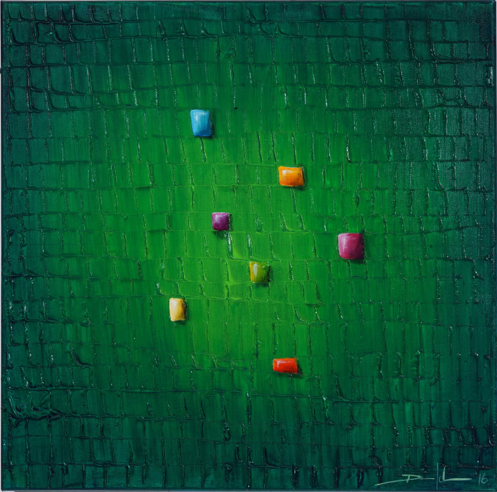 Danny FREDE (*1982) Pixels / Green / 60 x 60 cm,: Oil and acrylic on canvas, signed and dated (20)16 lower right, from the series Analog Pixels, H 60 cm x W 60 cm
