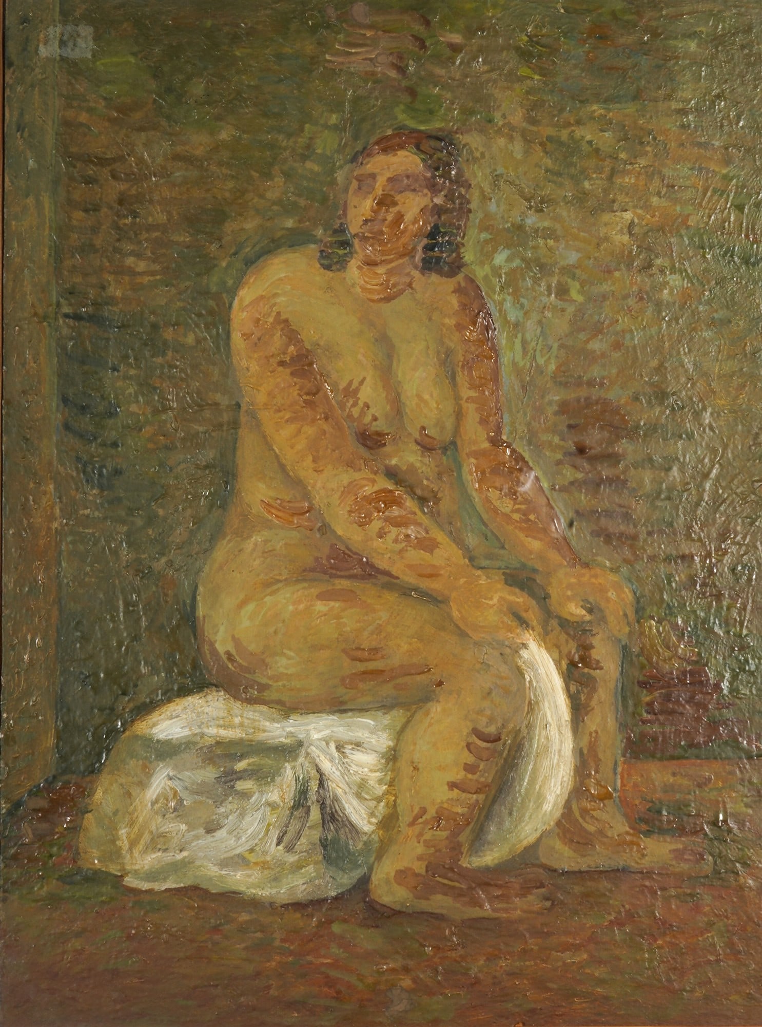Expressionism circa 1920?1940 - Seated female nude,: Oil on wood panel, no discernible signature, expressionist nude painting circa 1920-1940, H 41.5 cm x W 31.5 cm, frame 48.5 cm x 39 cm
