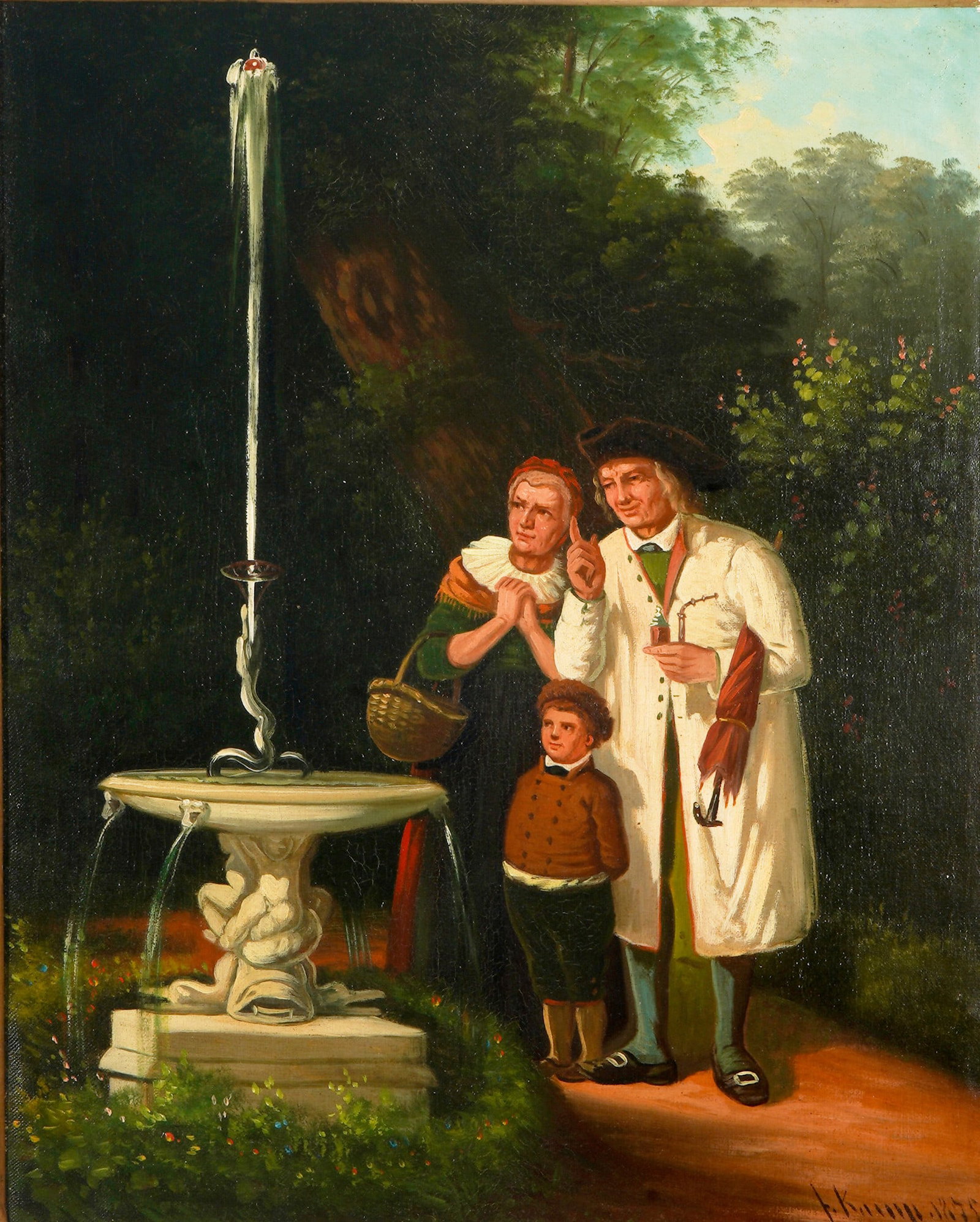 F. KAMP - Family at the Fountain,: Oil on canvas, signed lower right F. Kamp, Family at the fountain after a painting by Friedrich Peter Hiddemann, H 52 cm x W 42 cm, frame 75 cm x 65 cm