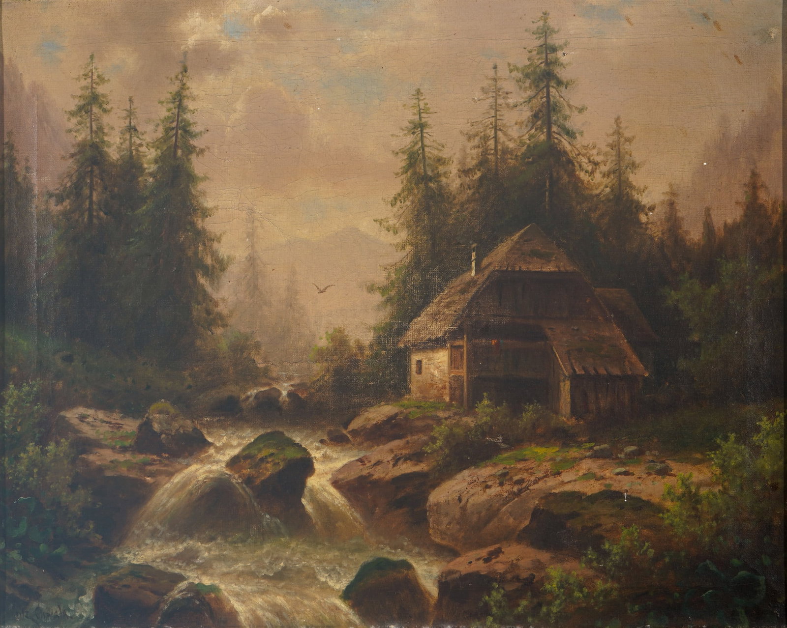Fritz CHWALA (1872-1936) Mill on a rushing mountain stream,: Oil on canvas, signed lower left Fritz Chwala, Austrian landscape painter, born 1872 in Vienna - 1936 Vienna, H 42 cm x W 53 cm, framed 50.5 cm x 61 cm, craquelure
