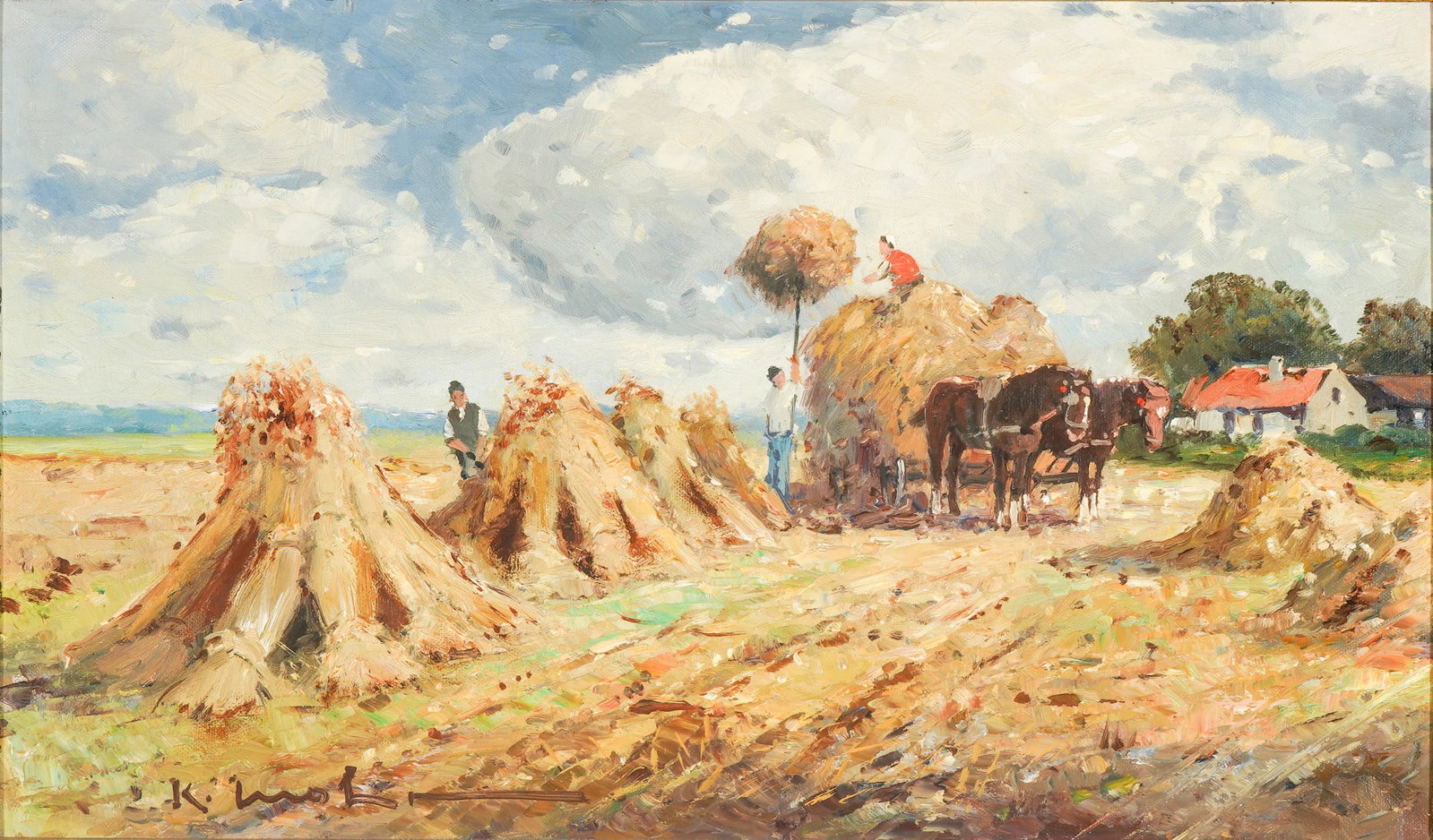 Karl MOHR (1922-2013) Grain Harvest,: Oil on canvas, signed lower left K. Mohr, German landscape and genre painter, born 1922 Duesseldorf - 2013 Duesseldorf, H 30 cm x W 50 cm, framed 45 cm x 65 cm