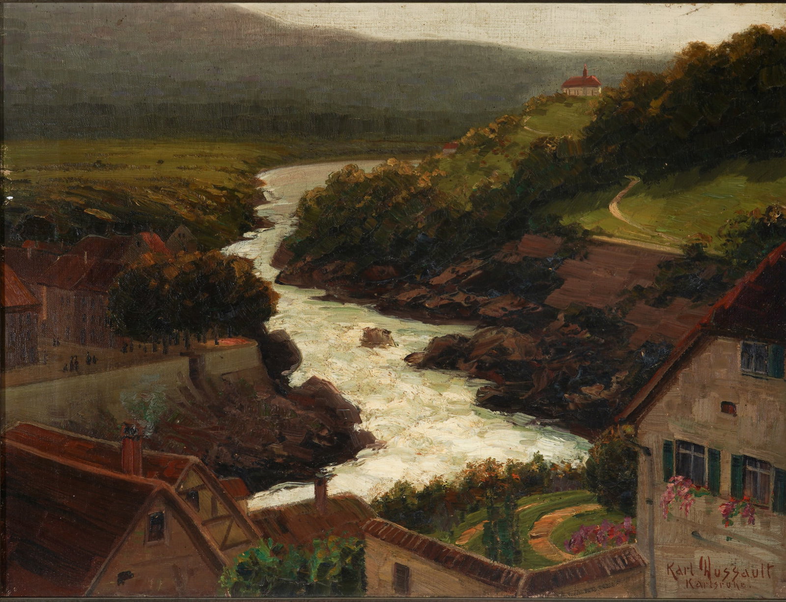 Karl Dussault (1860-1930) river landscape near Karlsruhe,: Oil on canvas, signed lower right Karl Dussault Karlsruhe, German landscape and portrait painter, born 1860 Karlsruhe - 1930, H 43.5 cm x W 57 cm, frame 65 cm x 51.5 cm