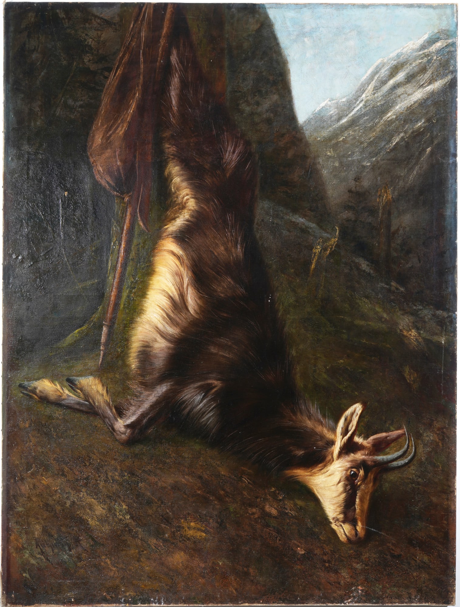 Rezsoe Rudolf KARPATY (1857-1917) Hunting Prey - Chamois on Walking Stick,: Oil on canvas, signed lower left Karpaty R, Hungarian landscape and genre scene painter, born 1857 in Szepesiglo - 1917 Budapest, large format H 130 cm x W 98 cm, unframed, minor losses, abrasion, res
