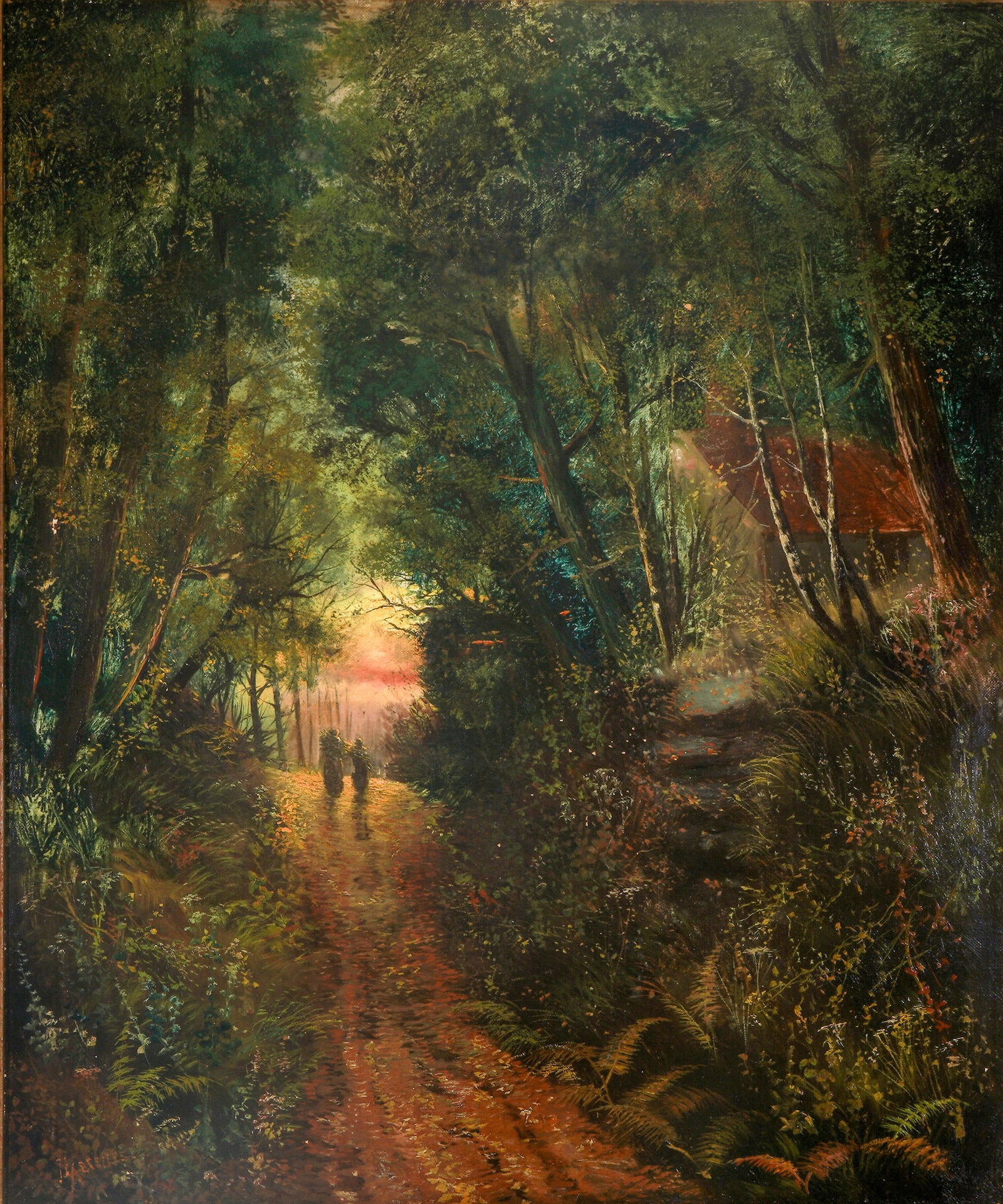 Thomas Lascelles (1885-1914) romantic forest path in evening light,: Oil on canvas, signed lower left Lascelles, British painter, born 1885?1914, H 76 cm x W 63.5 cm, framed 90.5 cm x 77.5 cm, some areas restored, minor chips