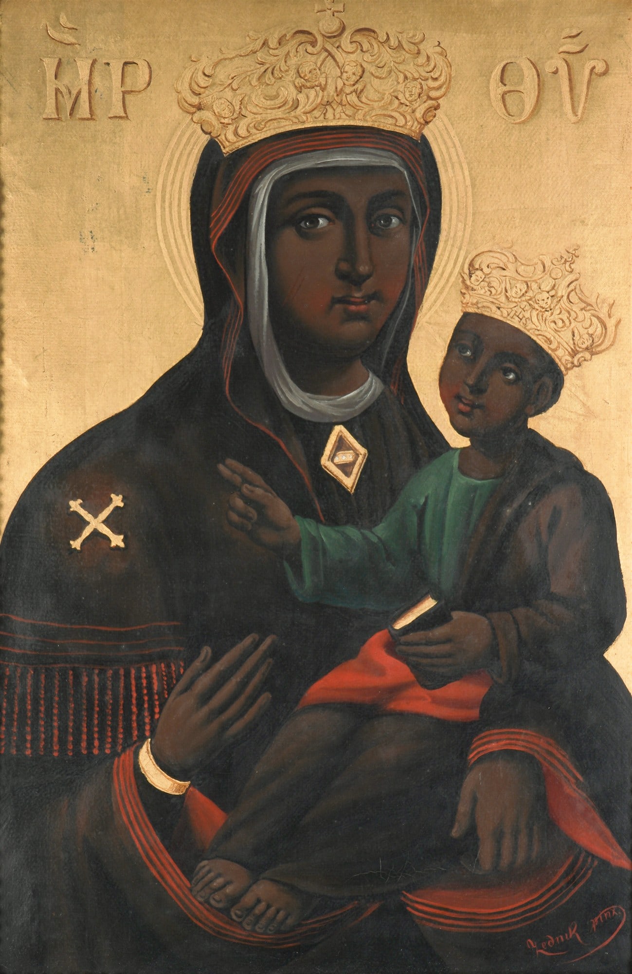 ZEDNIK - Black Madonna of Czestochowa,: oil/canvas, signed Zednik prnx. on lower right, icon depiction of the Black Mother of God with Christ Child, H 41 cm x W 28 cm, frame 50 cm x 36.5 cm, abrasion, minor touch-ups