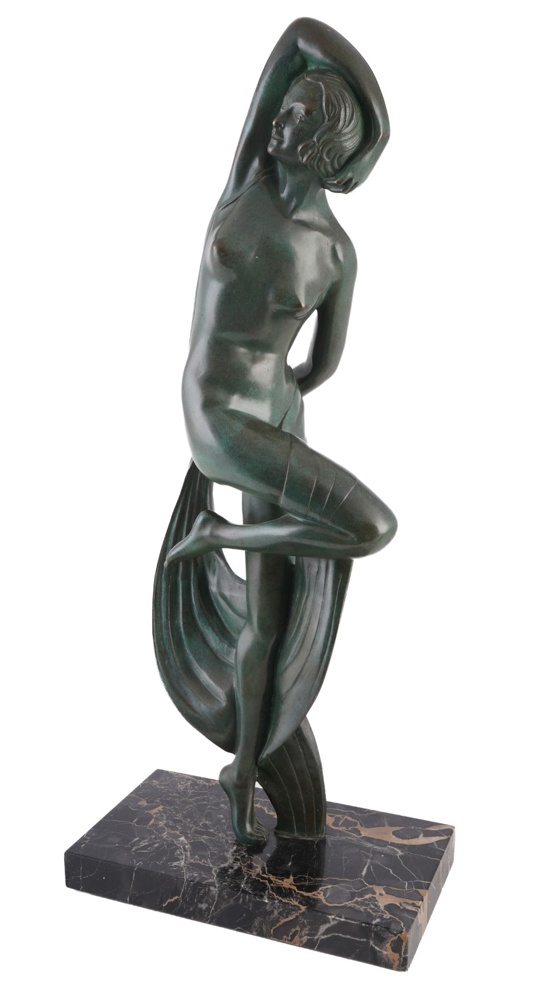Art Deco Bronue Serpentine Dancer - L. DIMANCHE,: Bronze, green patina, France circa 1920-1930, signed L. Dimanche, nude depiction of a veil dancer, on a marble base, H 60.5 cm x W 25 cm x D 15 cm, weight approx. 12.15 kg