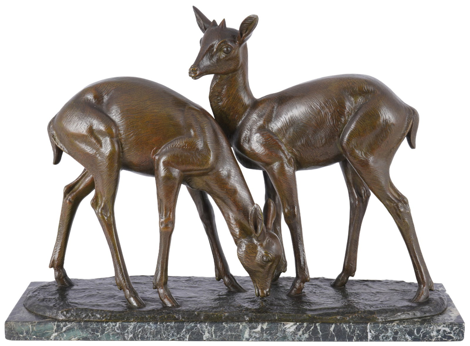 Irenee ROCHARD (1906-1984) bronze pair of fawns,: bronze patinated, signed on the plinth I. Rochard, french sculptor born 1906 in Villefranche-sur-Sa?ne - 1984 Paris, two deer, on marble base, H 35 cm x L 49 cm x W 14 cm, weight approx. 15.8 kg